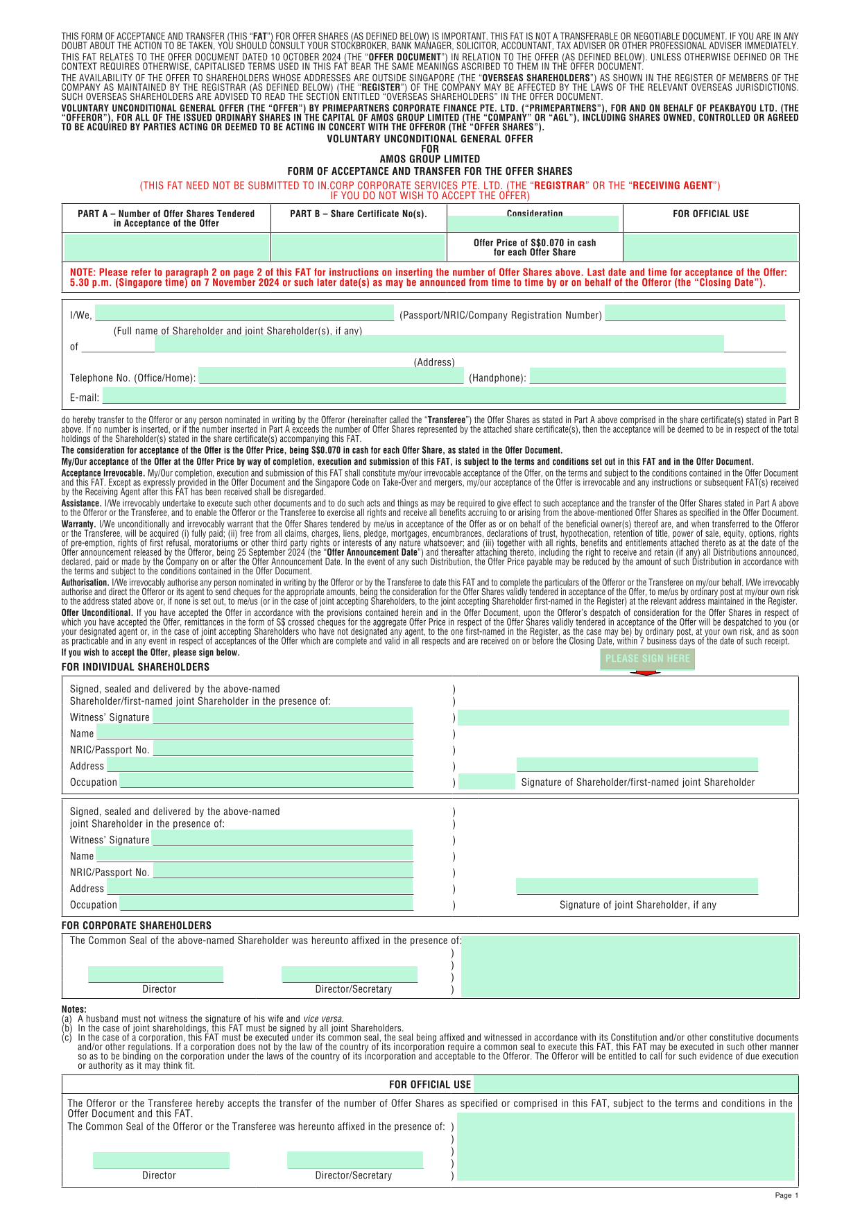 Form Of Acceptance And Transfer For Offer Shares screenshot