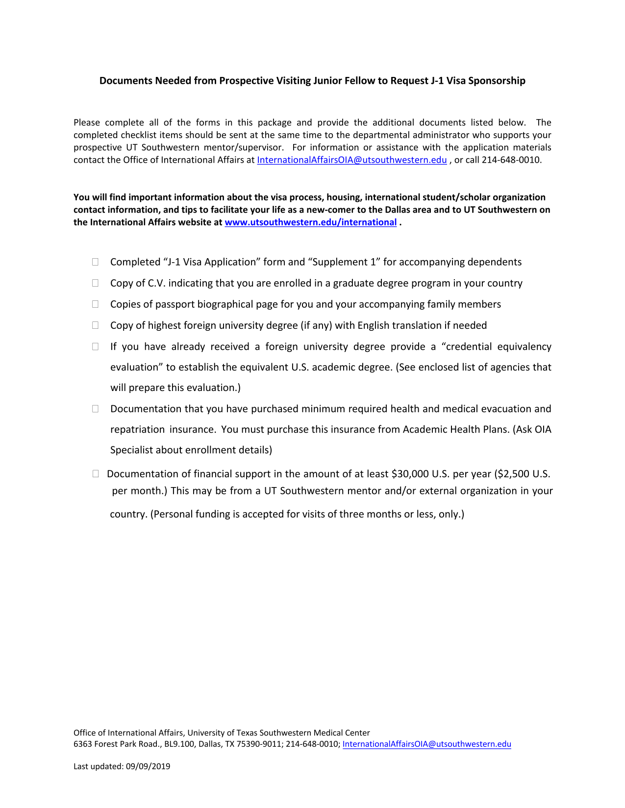 J 1 Visa Application For Prospective UTSW International Visitor screenshot