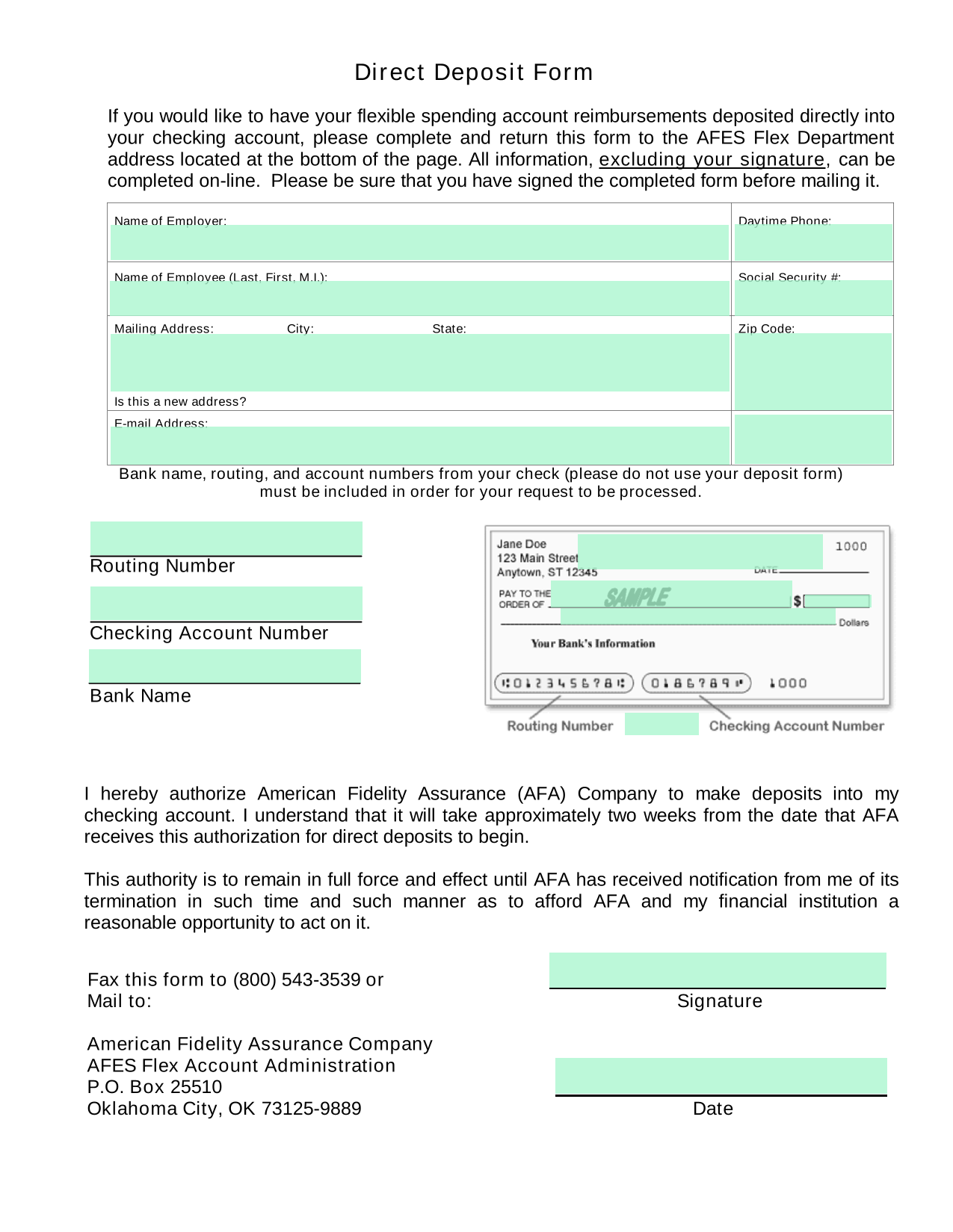 Direct Deposit Form screenshot