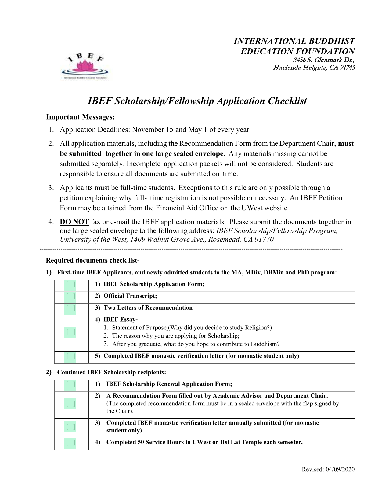 IBEF ScholarshipFellowship Application Checklist screenshot