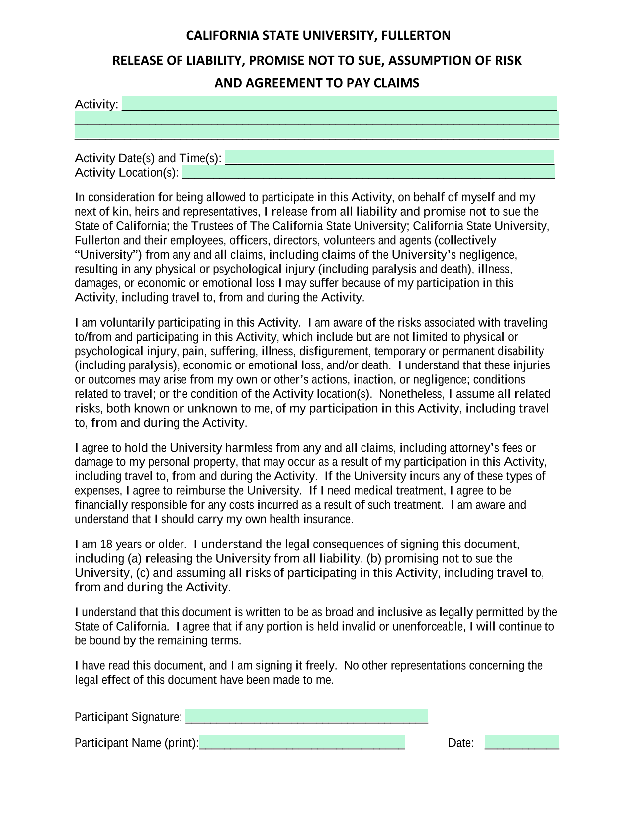 RELEASE OF LIABILITY, PROMISE NOT TO SUE, ASSUMPTION OF RISK AND AGREEMENT TO PAY CLAIMS screenshot