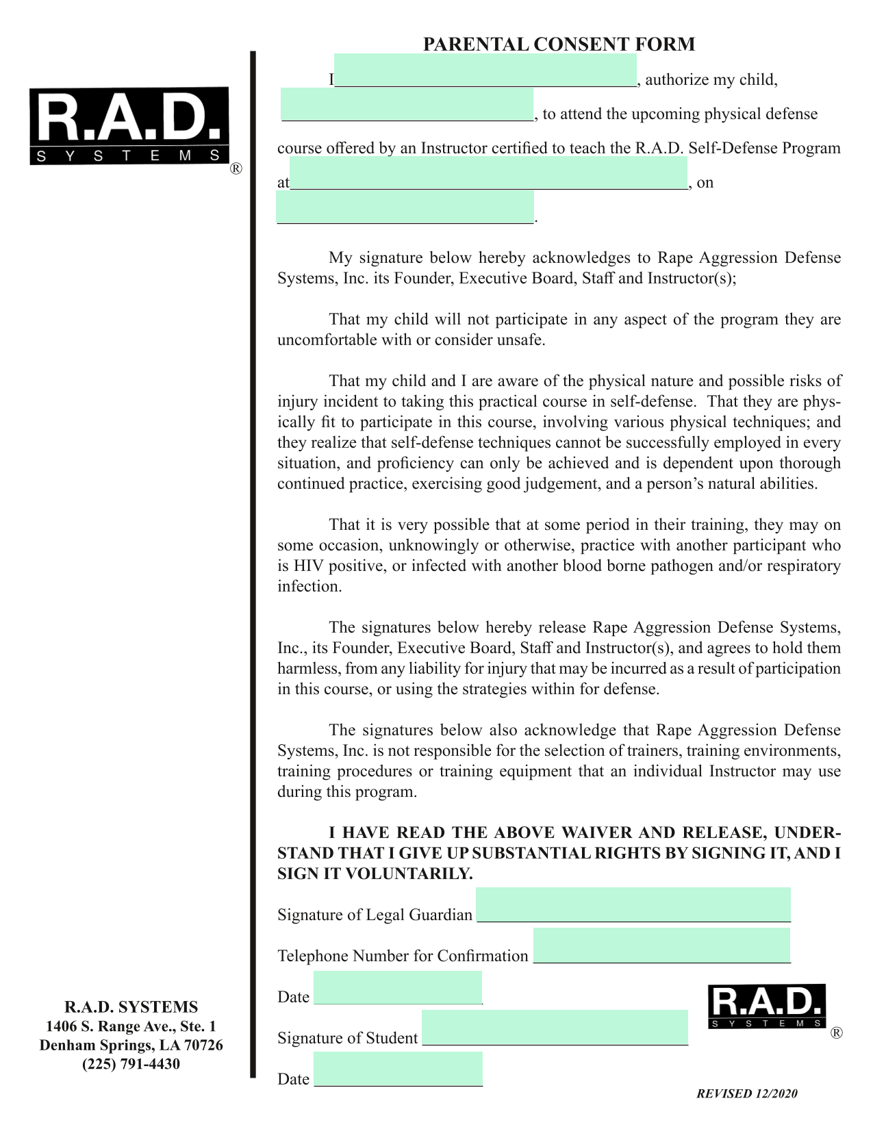 Parental Consent Form screenshot