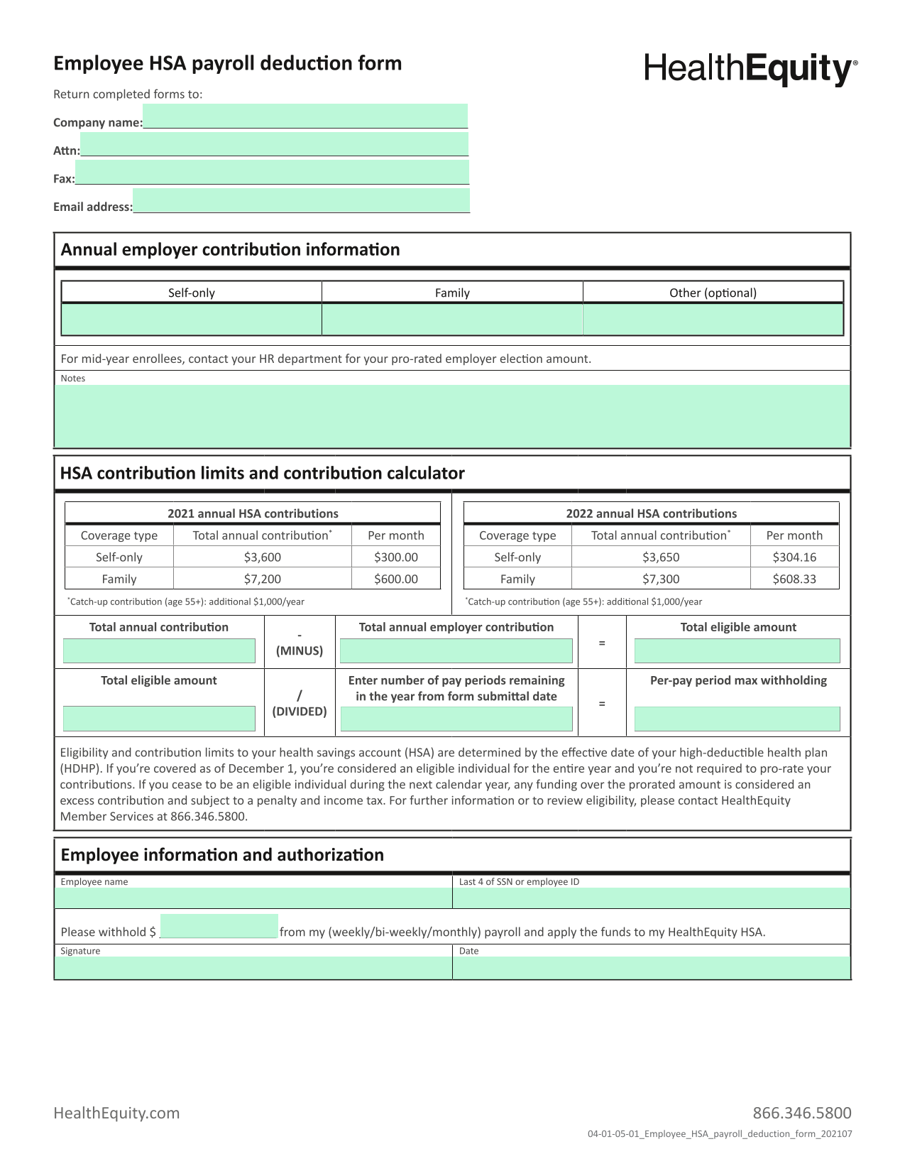 Employee HSA Payroll Deduction Form screenshot