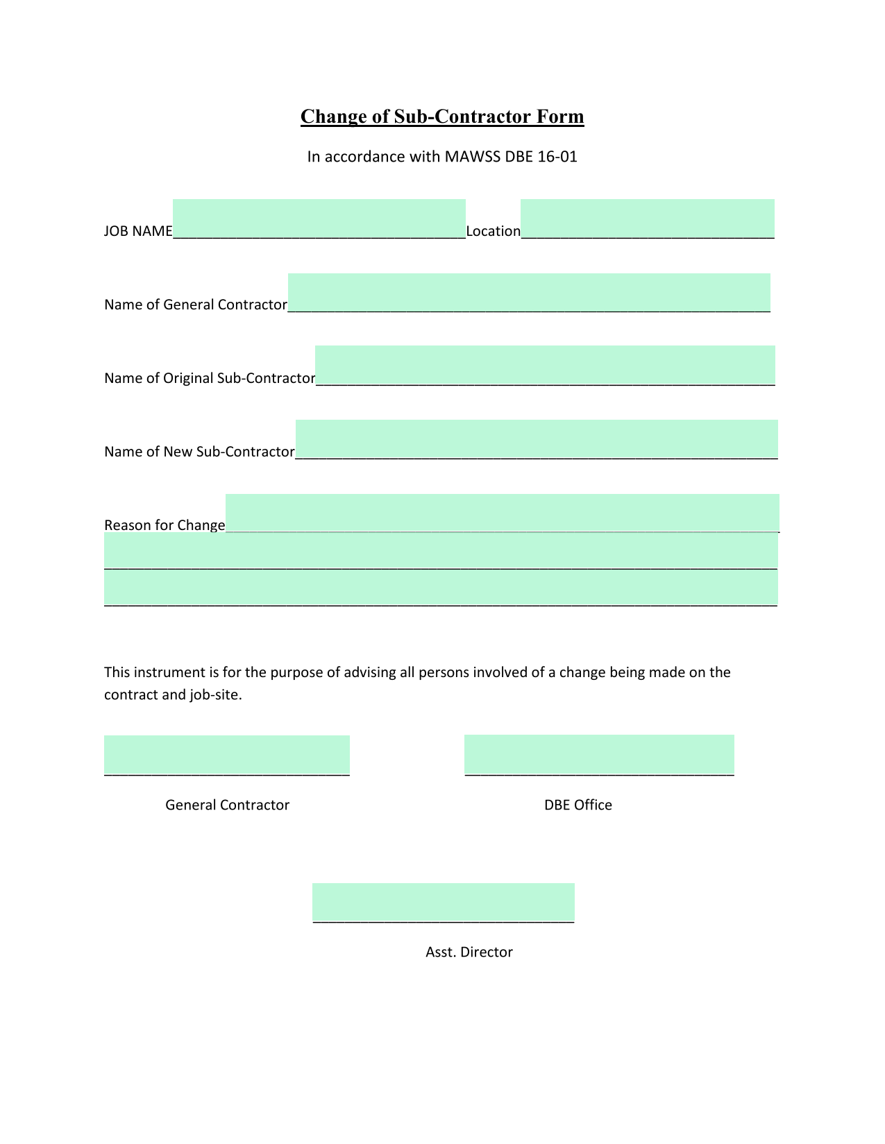 Change Of Sub Contractor Form screenshot