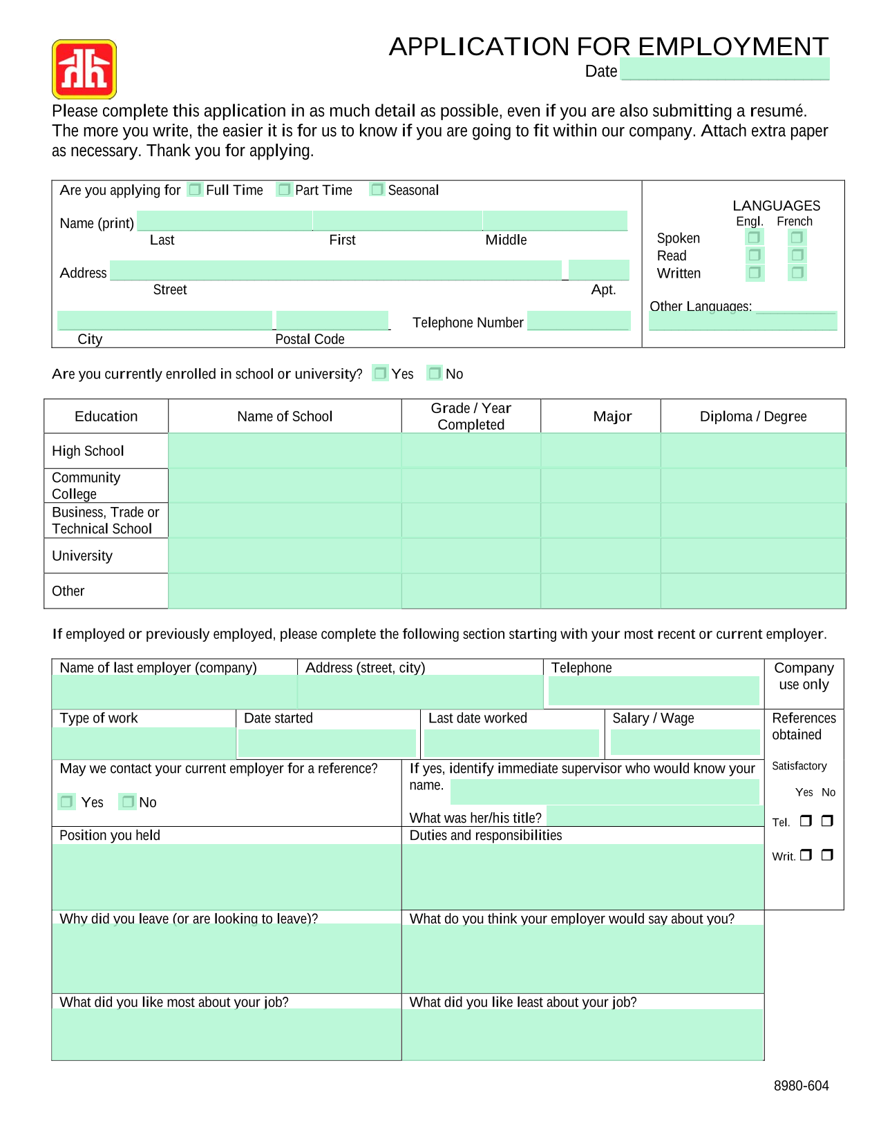 APPLICATION FOR EMPLOYMENT screenshot