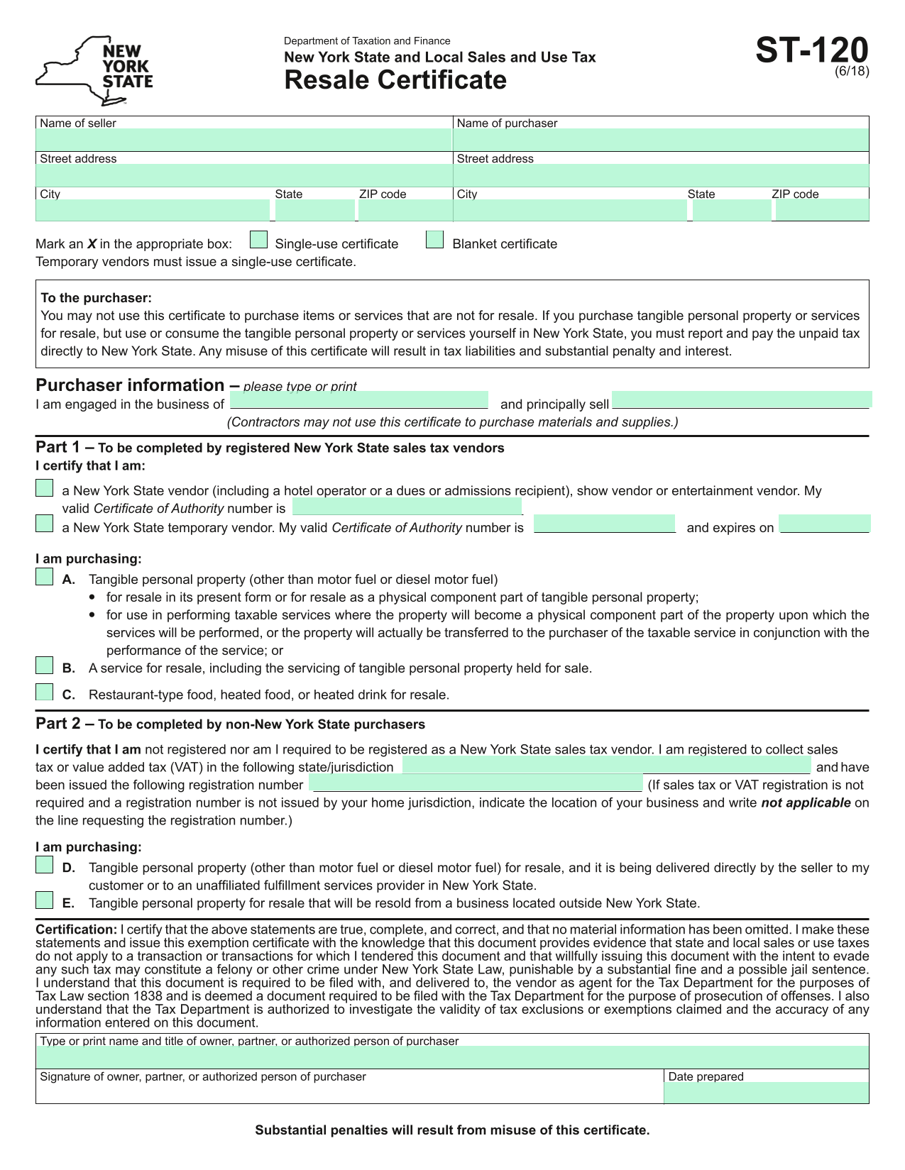 New York State And Local Sales And Use Tax Resale Certificate screenshot