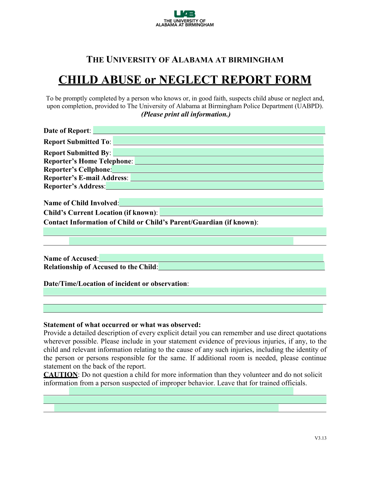Child Abuse Or Neglect Report Form screenshot