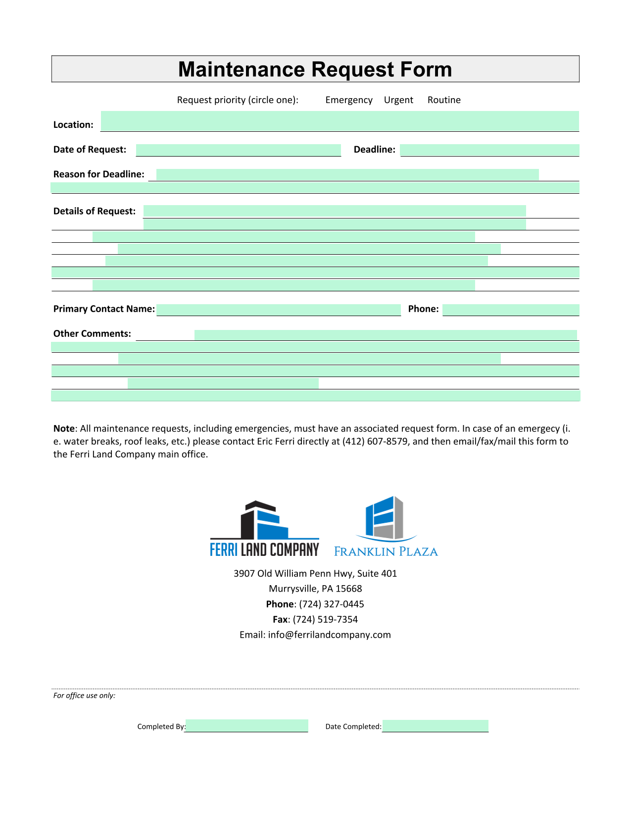 Maintenance Request Form screenshot