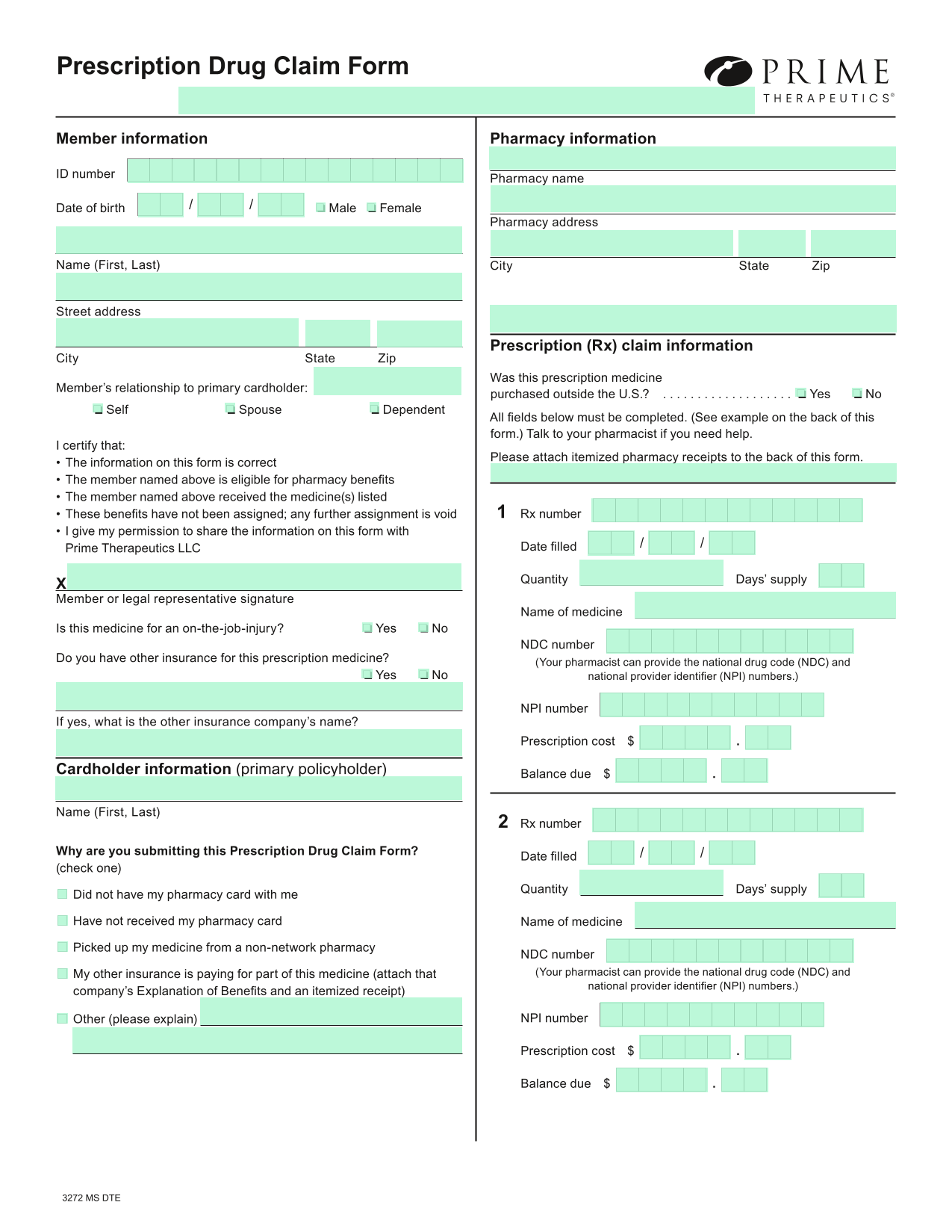 Prescription Drug Claim Form screenshot
