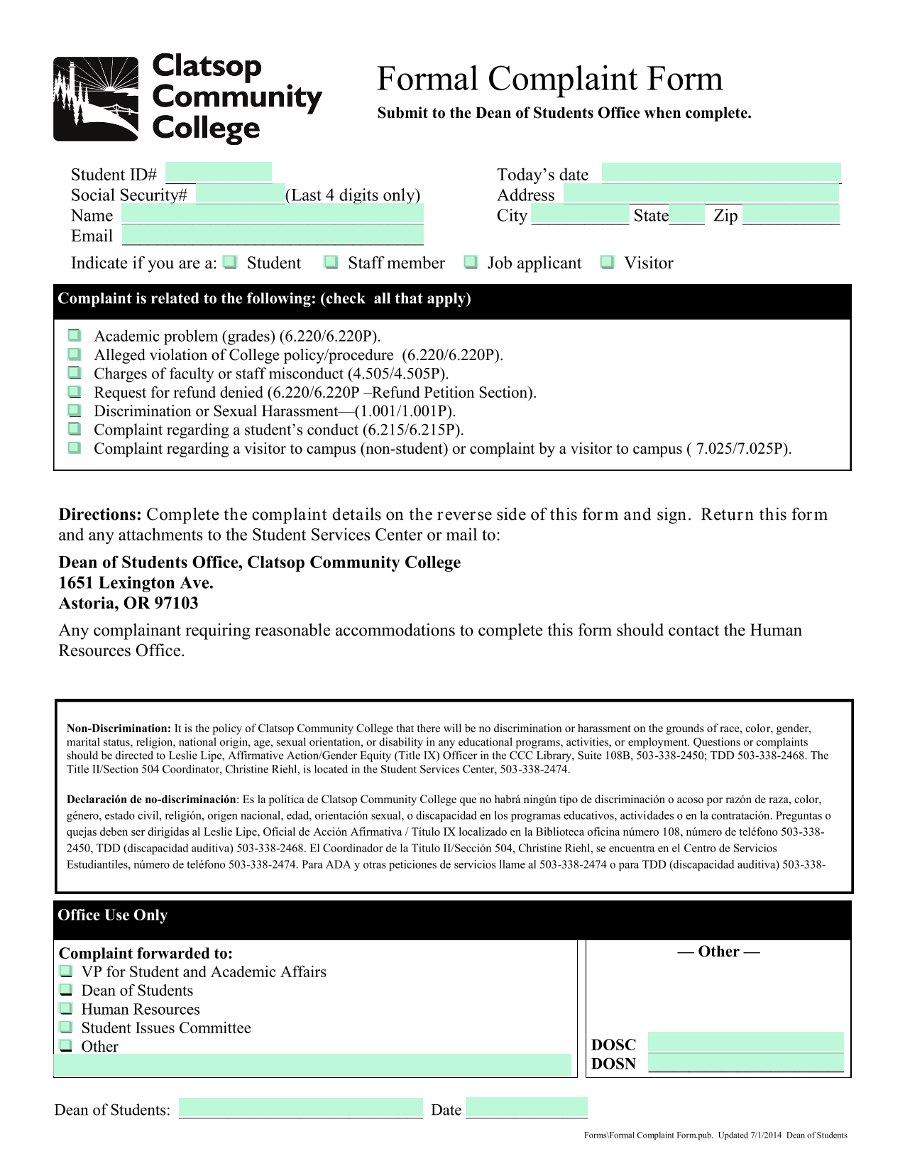 Formal Complaint Form screenshot