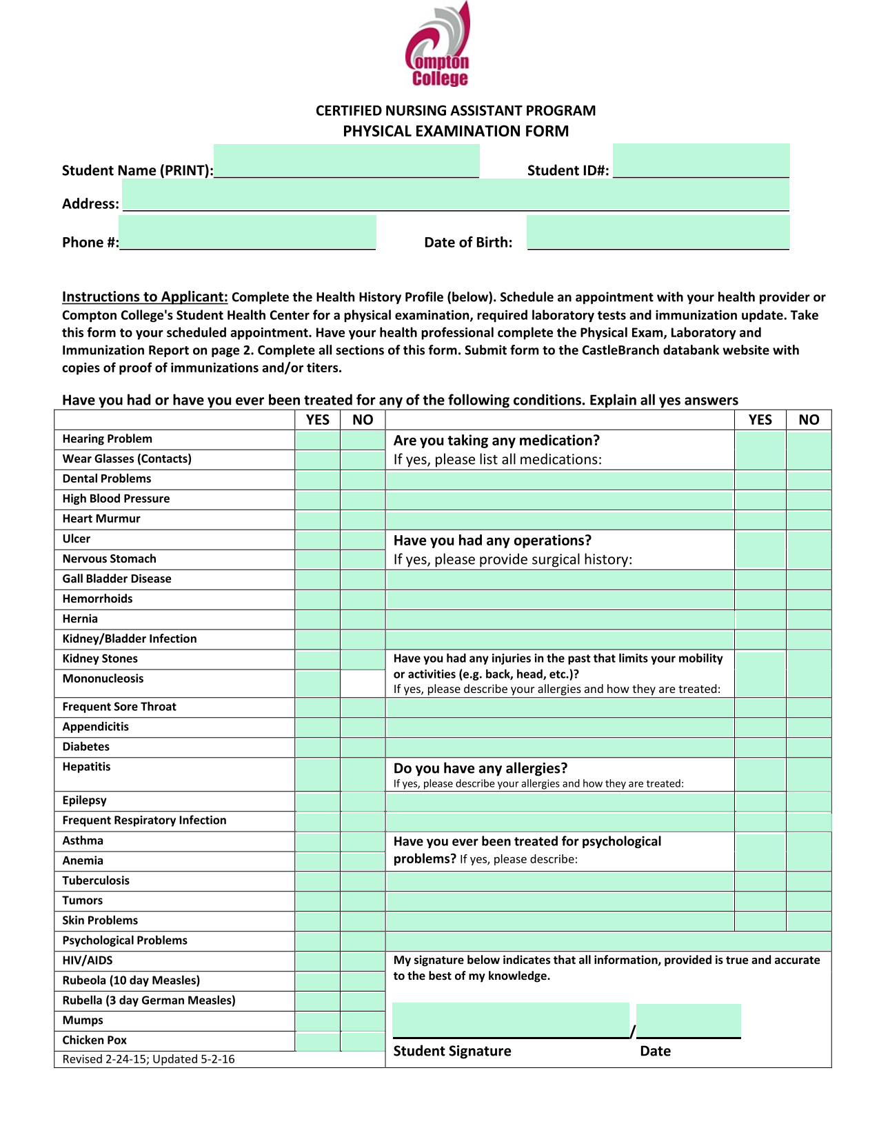 CERTIFIED NURSING ASSISTANT PROGRAM PHYSICAL EXAMINATION FORM screenshot