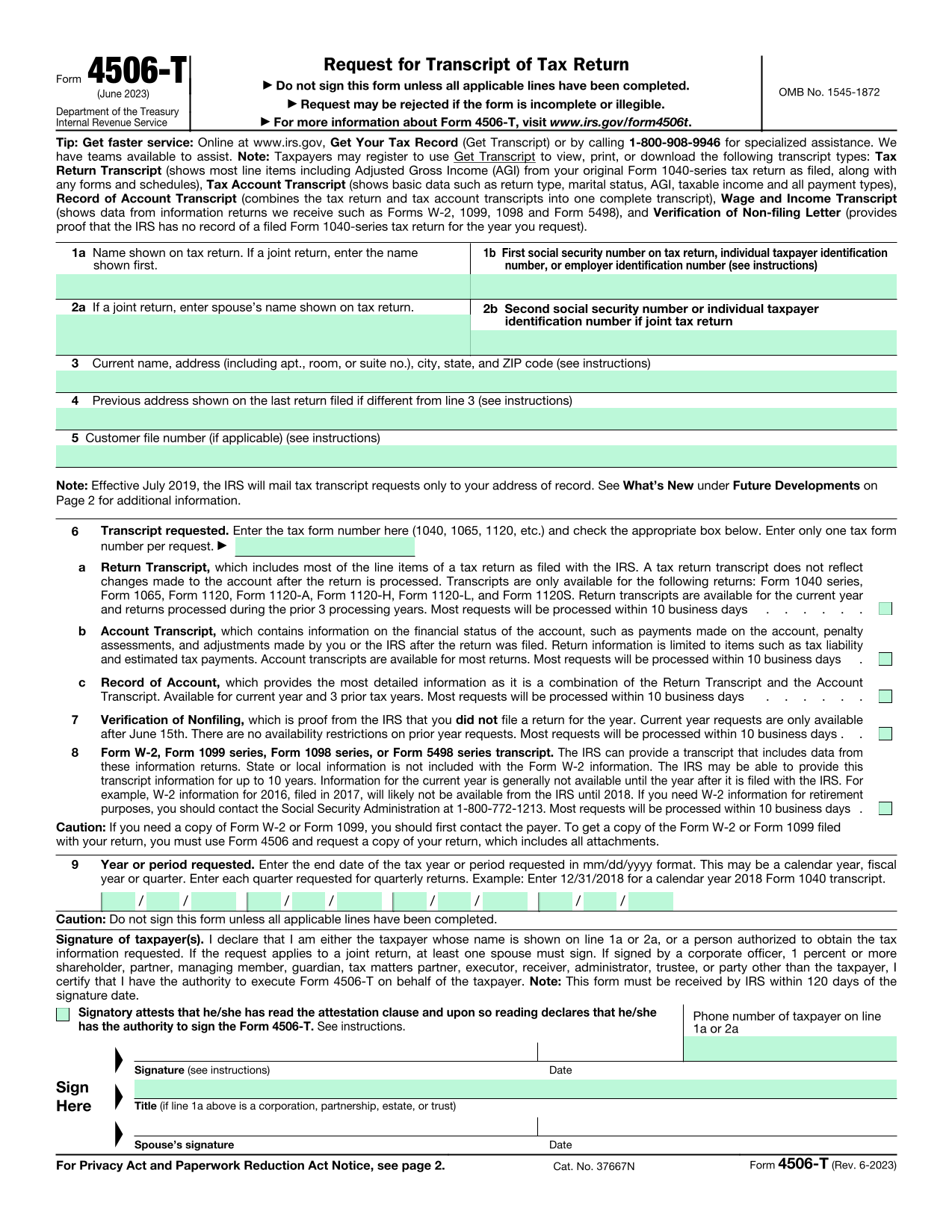 Form 4506 T screenshot