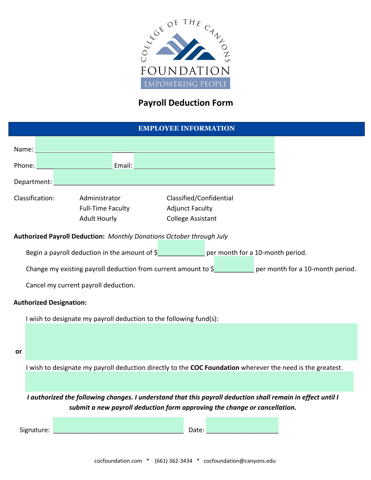 Payroll Deduction Form screenshot