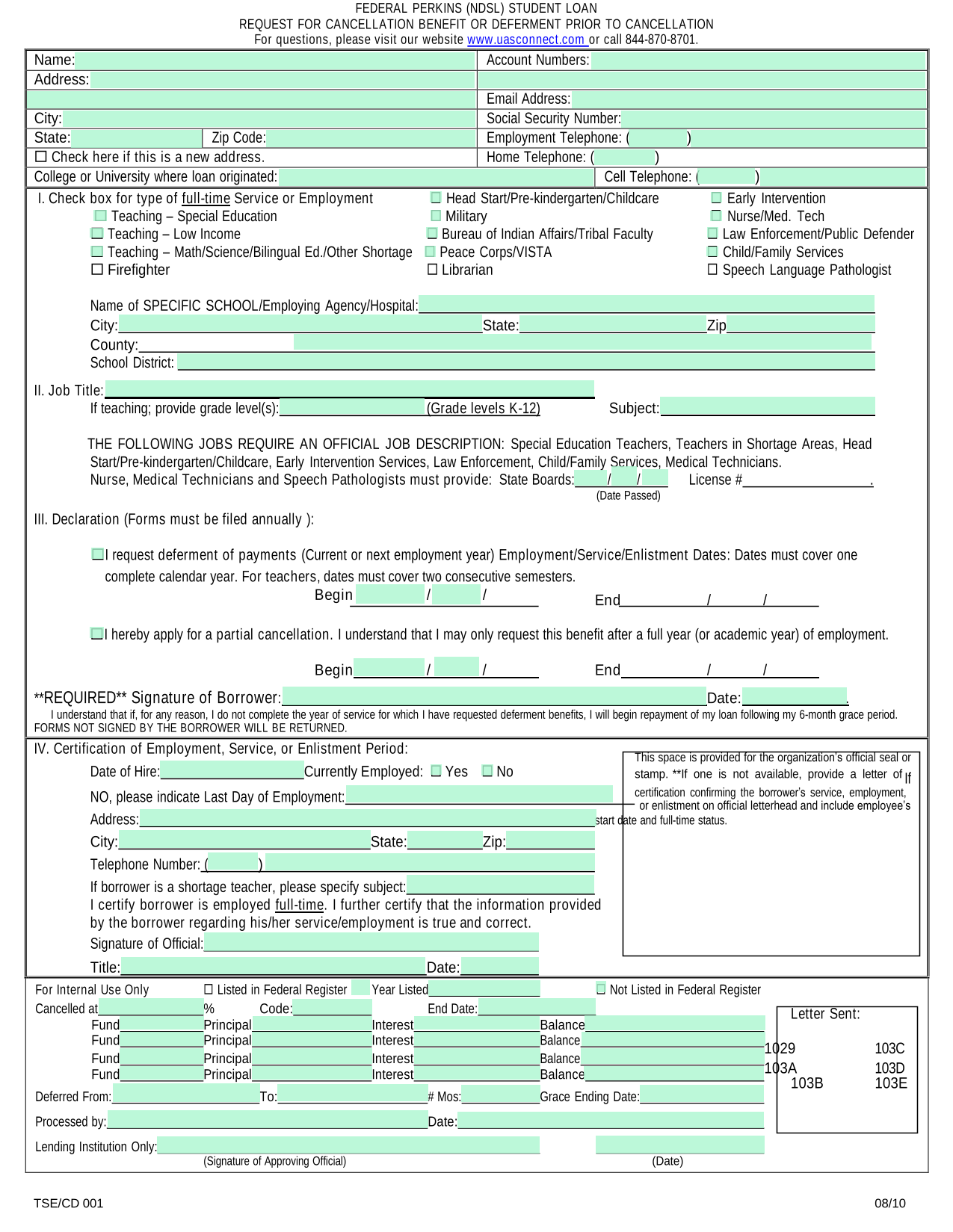 FEDERAL PERKINS (NDSL) STUDENT LOAN REQUEST FOR CANCELLATION BENEFIT OR DEFERMENT PRIOR TO CANCELLAT screenshot