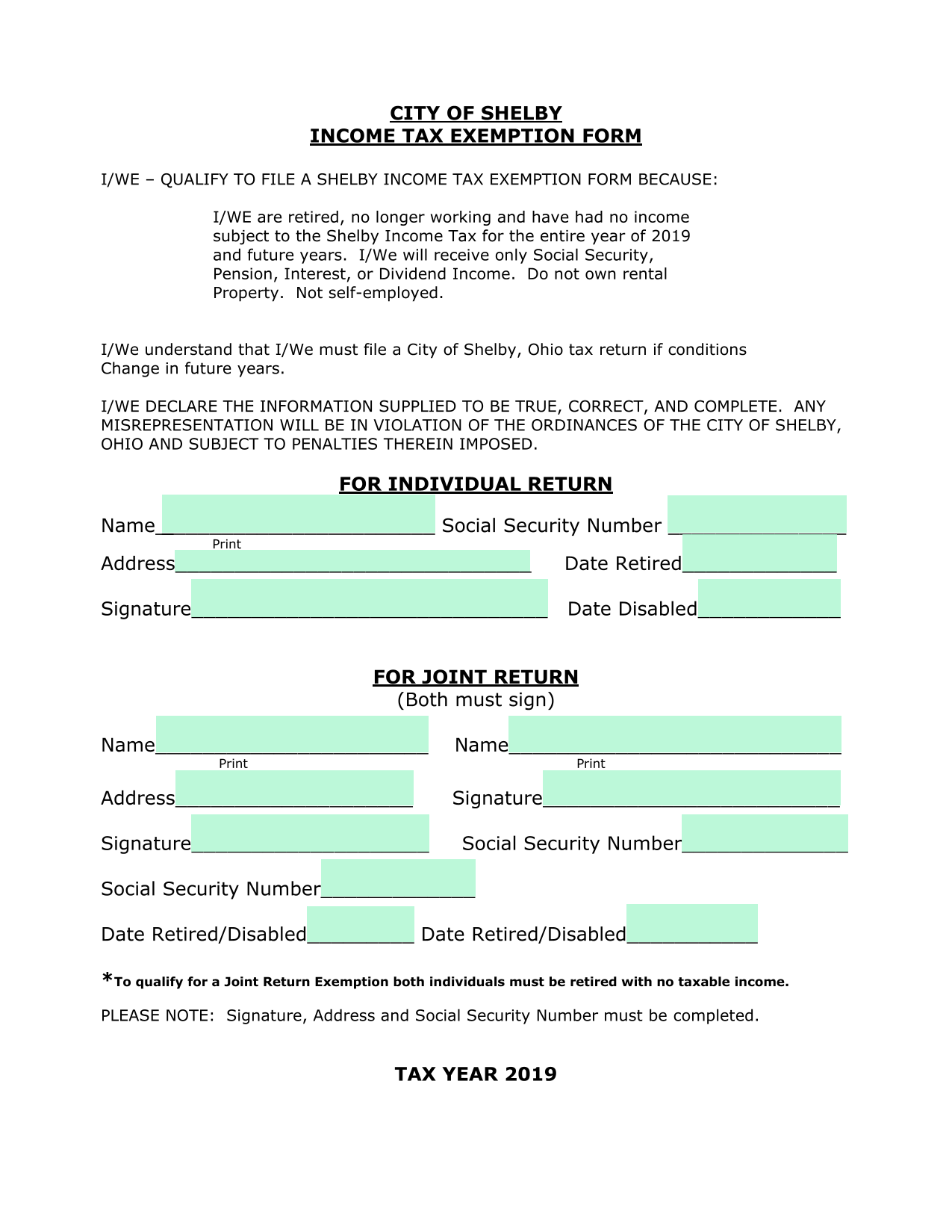 City Of Shelby Income Tax Exemption Form screenshot