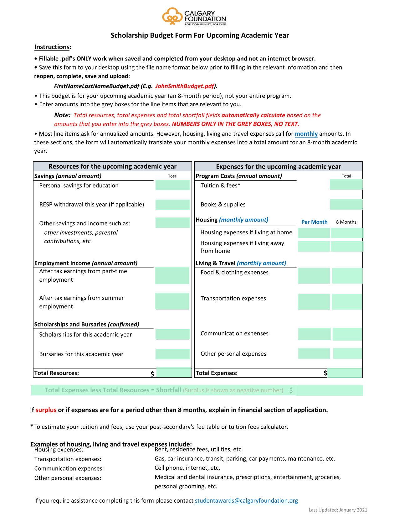 Scholarship Budget Form For Upcoming Academic Year screenshot