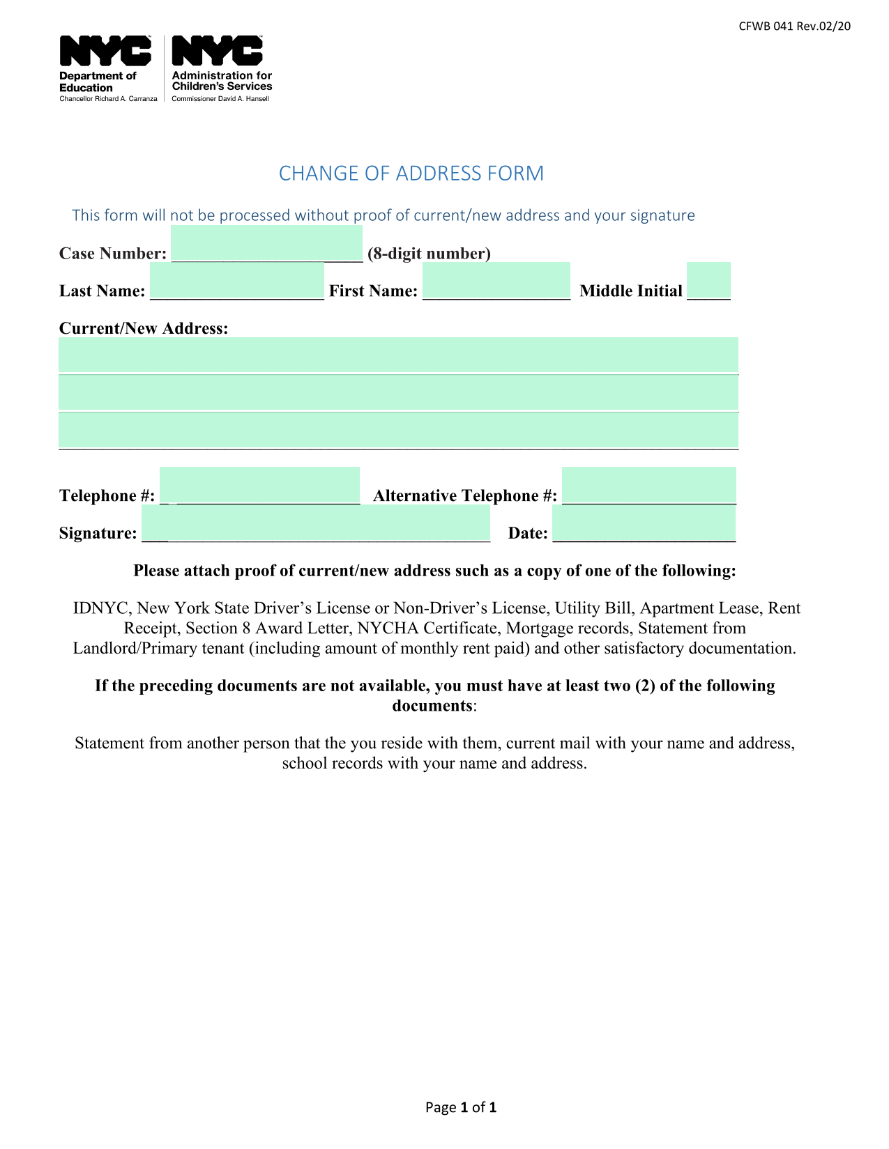 CHANGE OF ADDRESS FORM screenshot