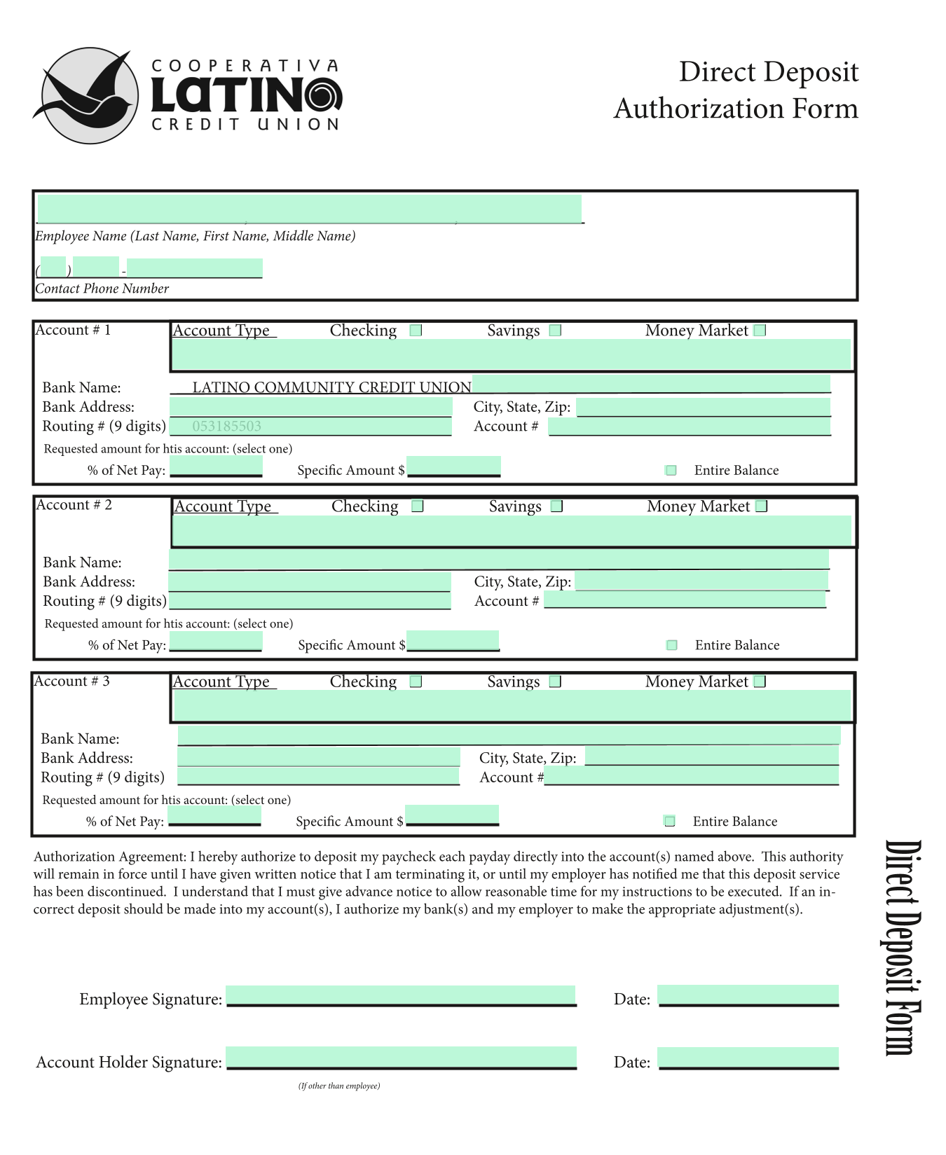 Direct Deposit Authorization Form screenshot