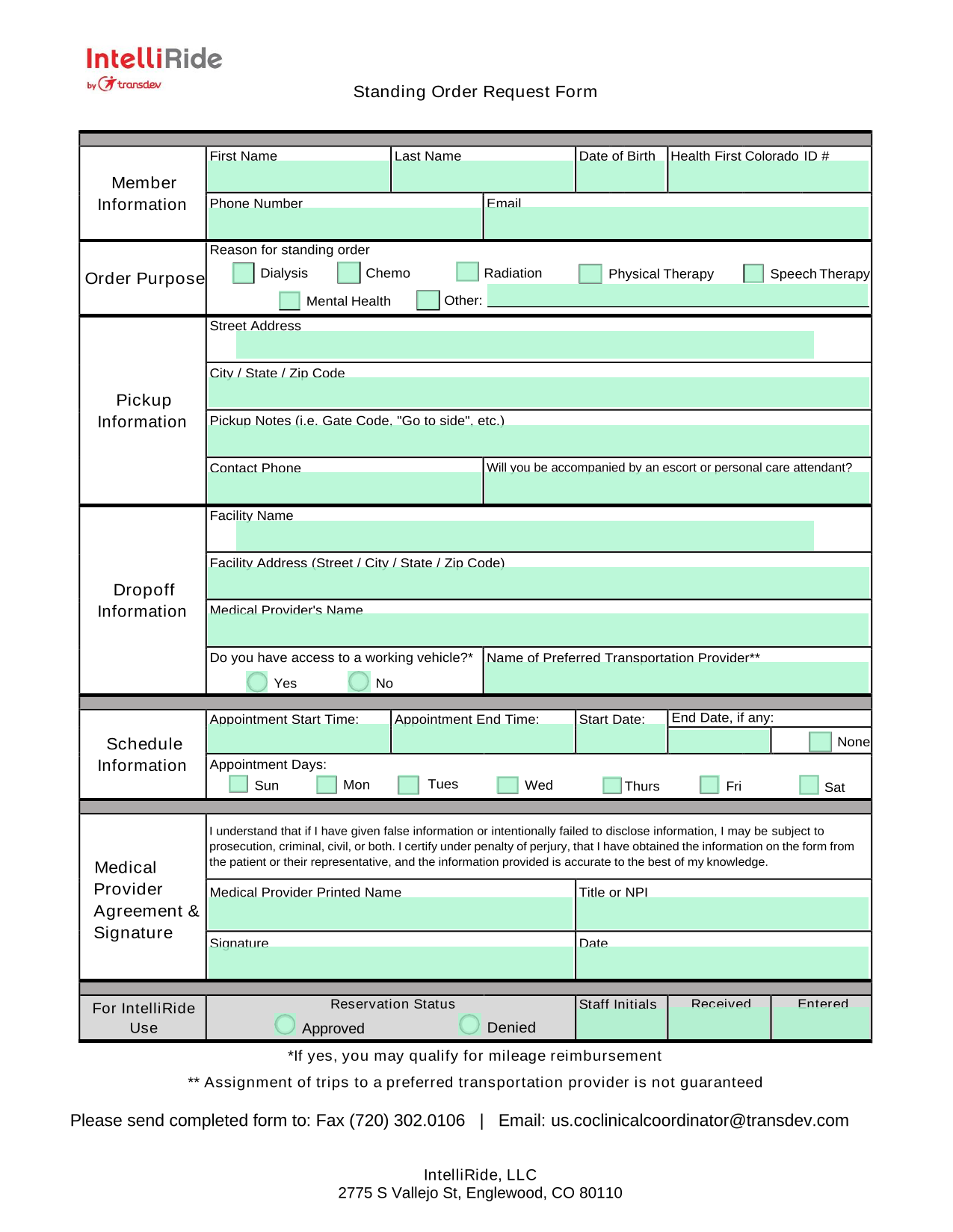 Standing Order Request Form screenshot