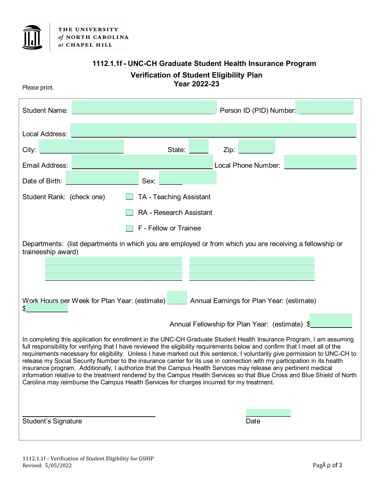 UNC CH Graduate Student Health Insurance Program Verification Of Student Eligibility Plan screenshot