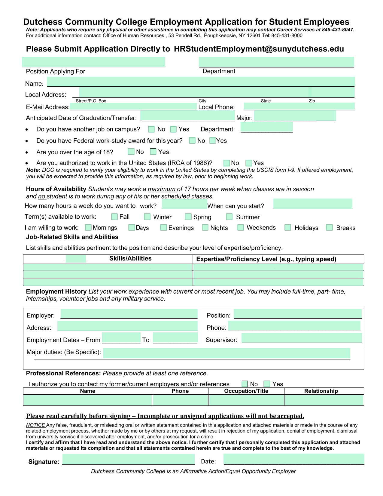 Dutchess Community College Employment Application For Student Employees screenshot
