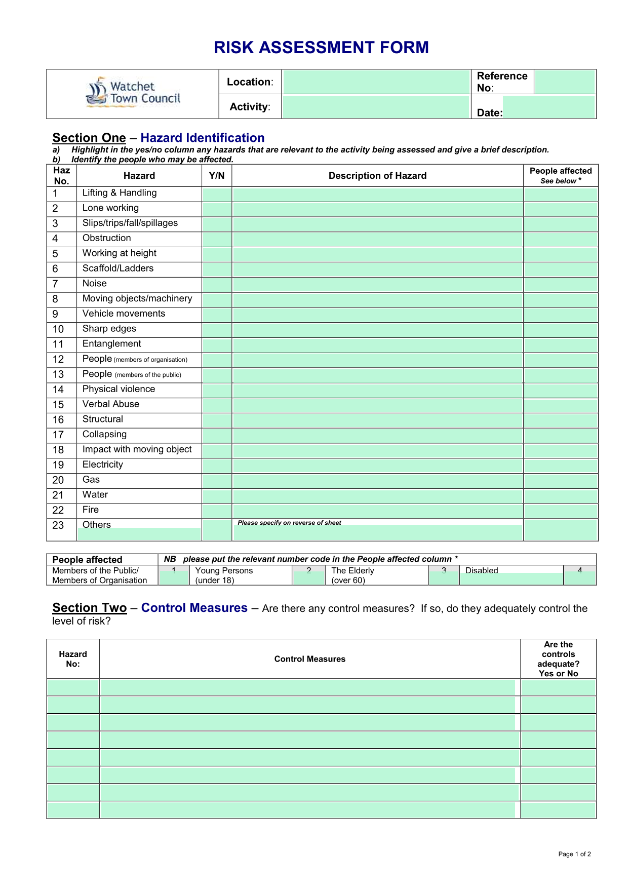 RISK ASSESSMENT FORM screenshot