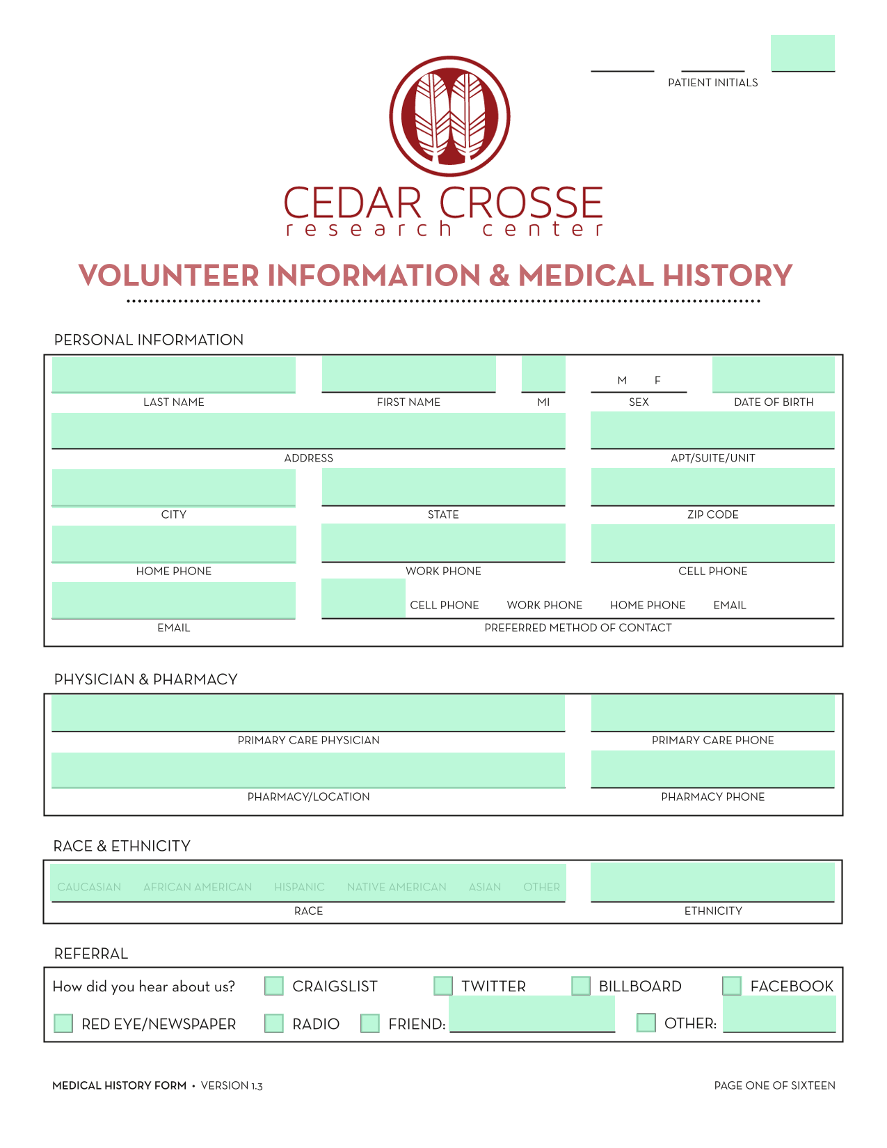 MEDICAL HISTORY FORM screenshot