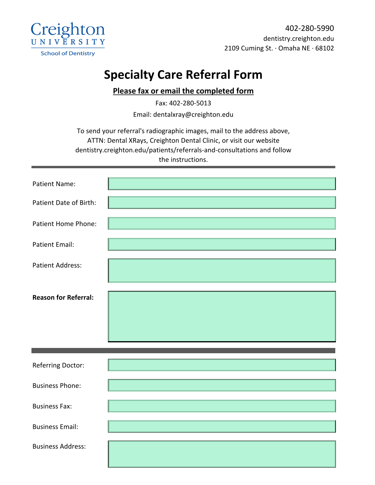 Specialty Care Referral Form screenshot