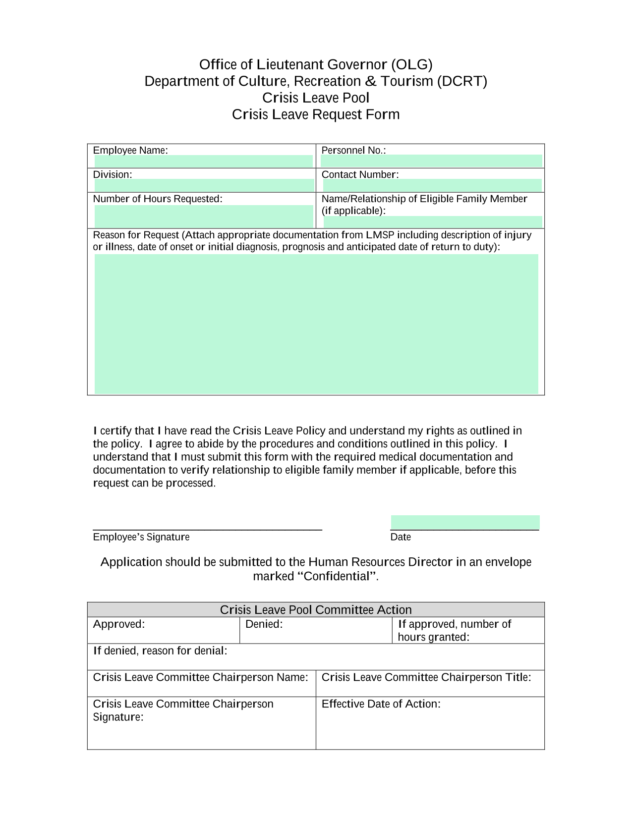 Crisis Leave Request Form screenshot