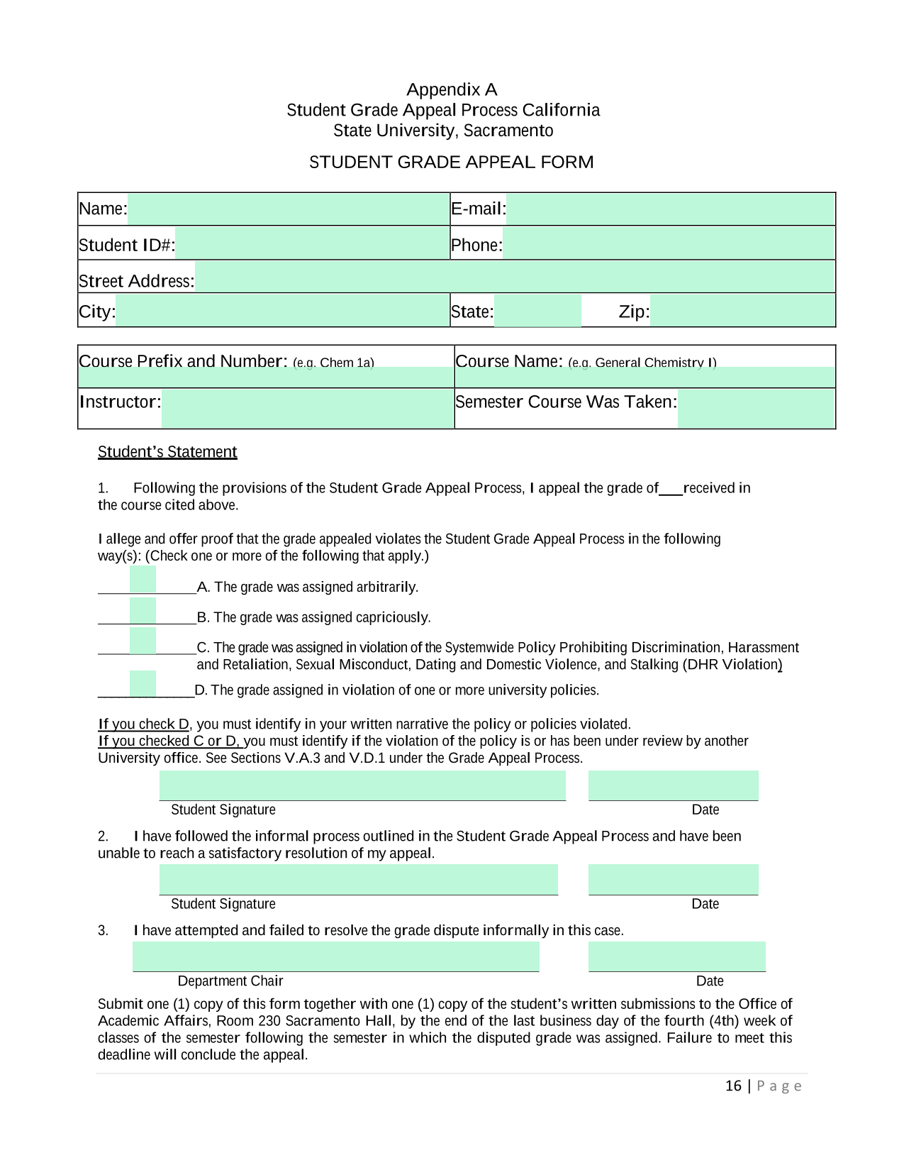Student Grade Appeal Form screenshot