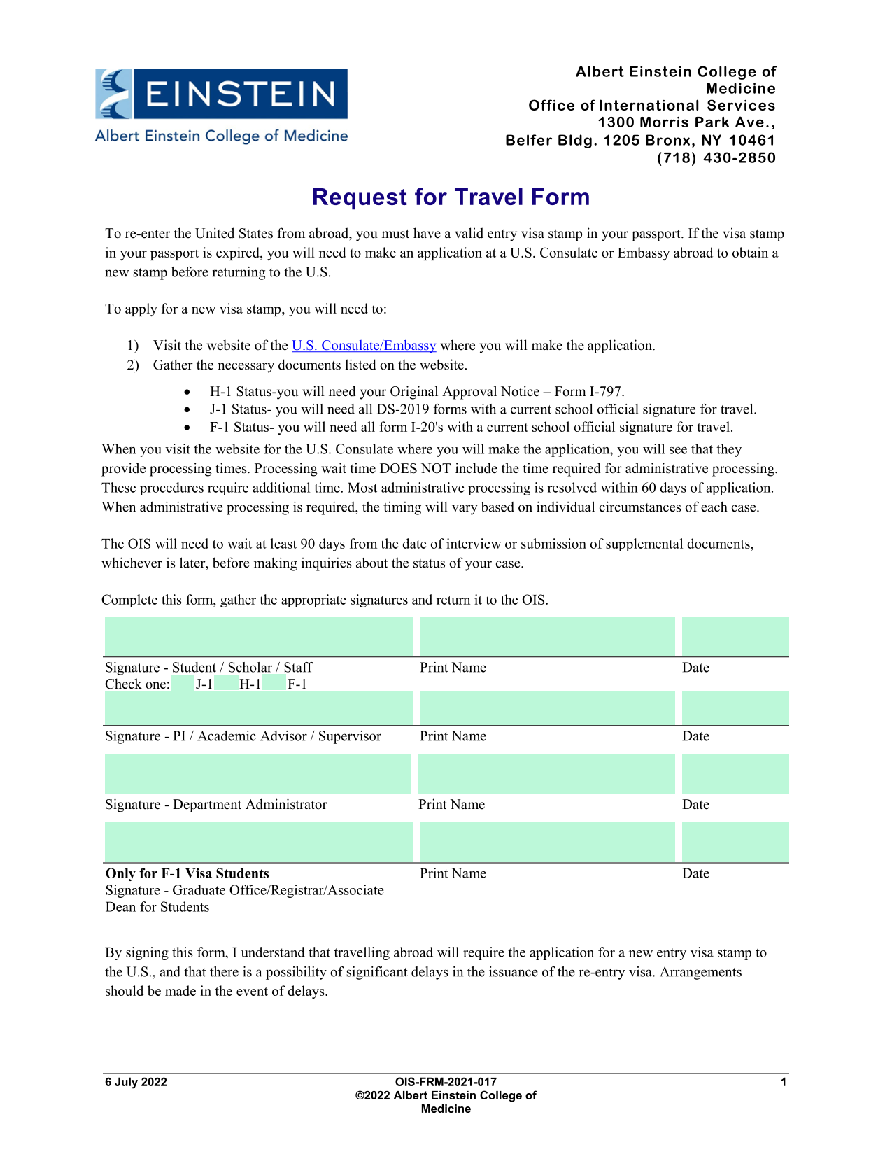 Request For Travel Form screenshot