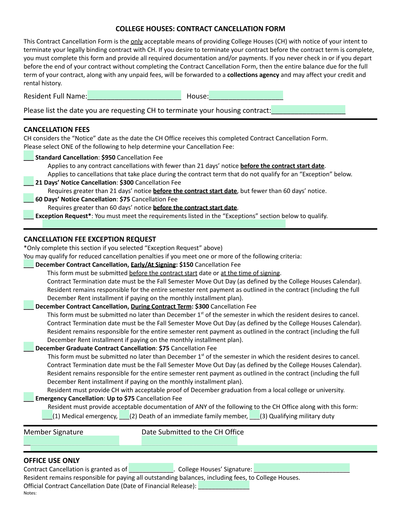 College Houses Contract Cancellation Form screenshot