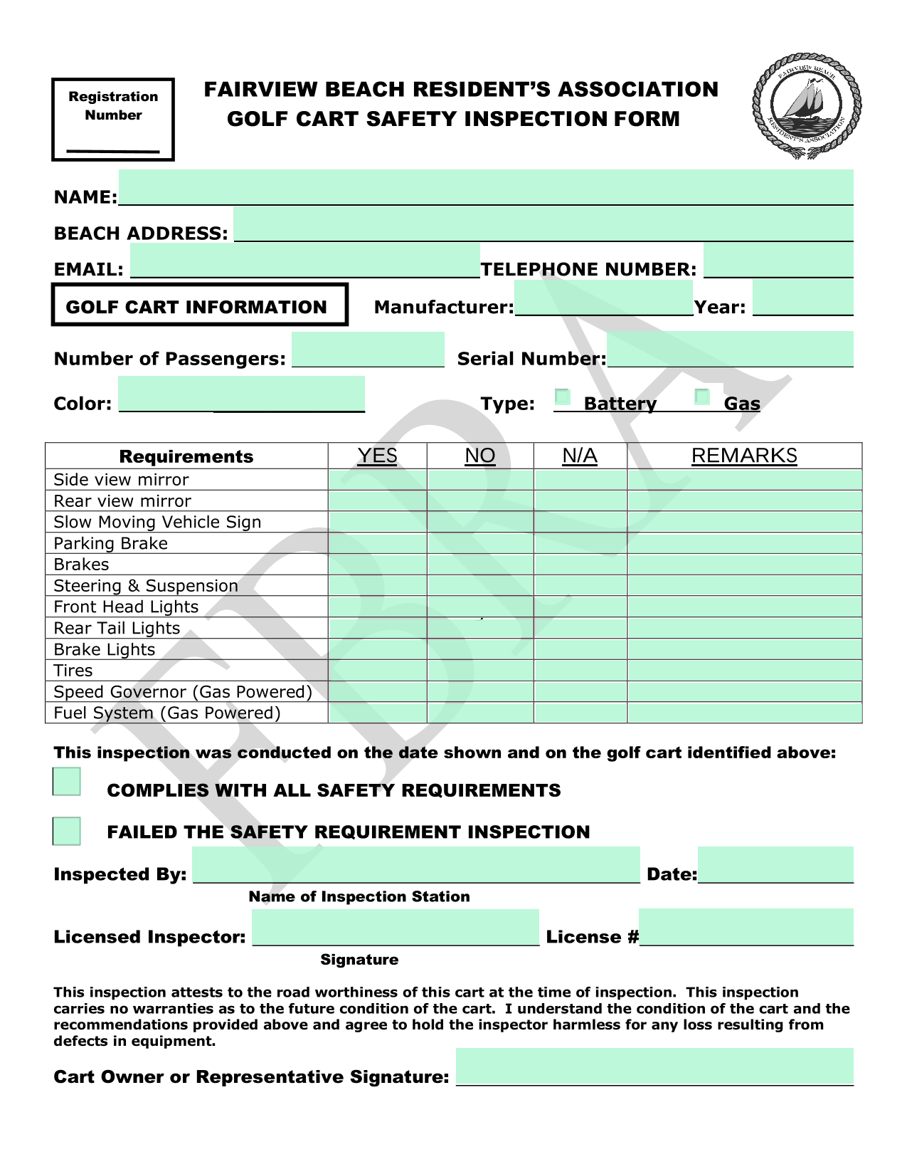 Golf Cart Safety Inspection Form screenshot