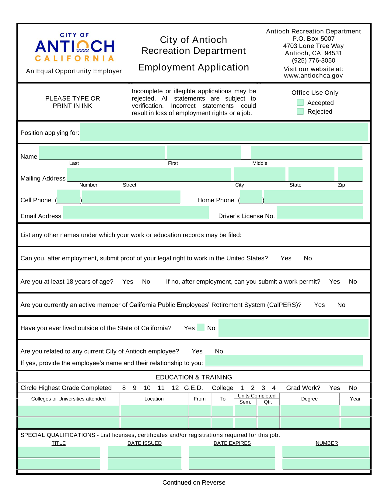 Employment Application screenshot