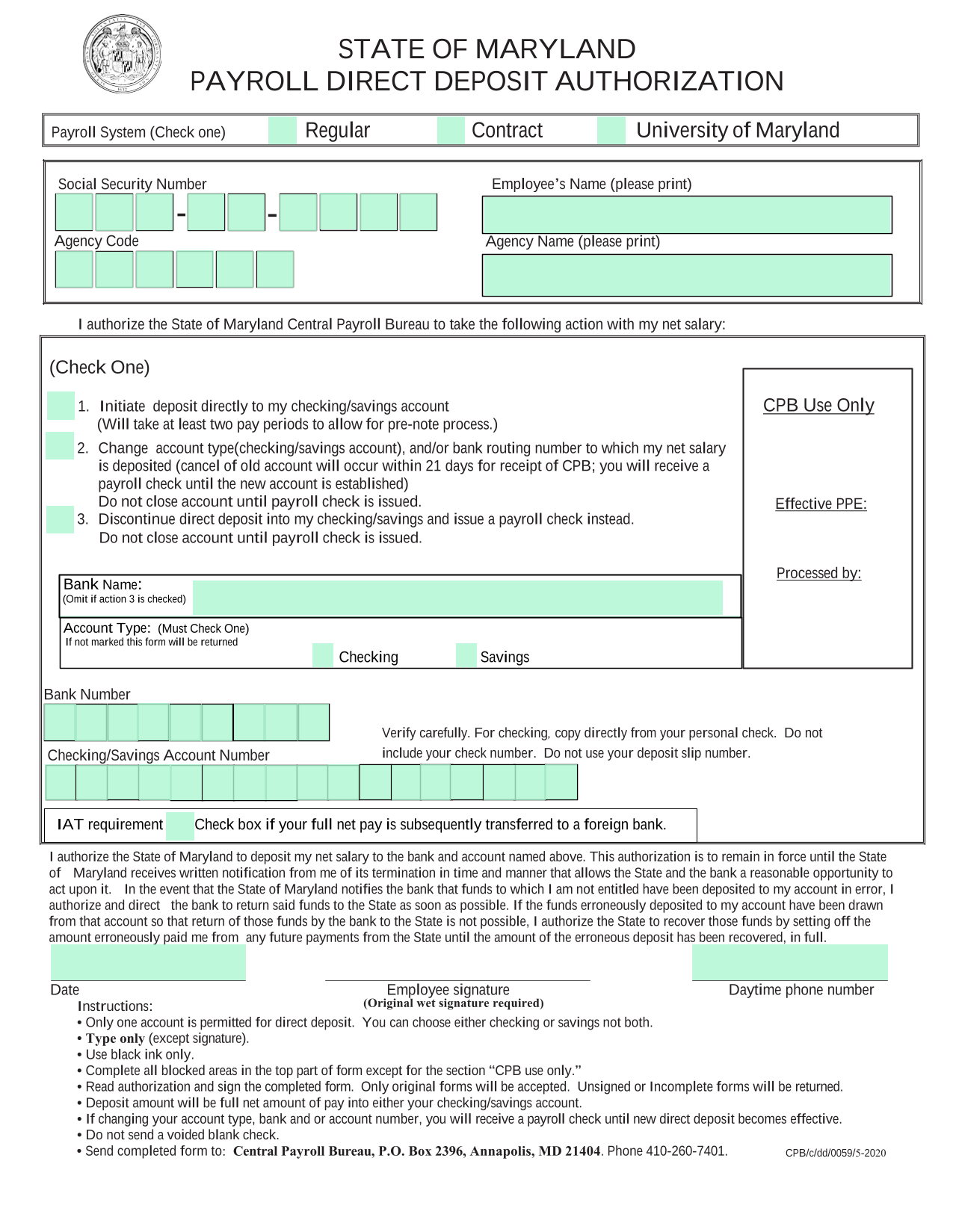 STATE OF MARYLAND PAYROLL DIRECT DEPOSIT AUTHORIZATION screenshot