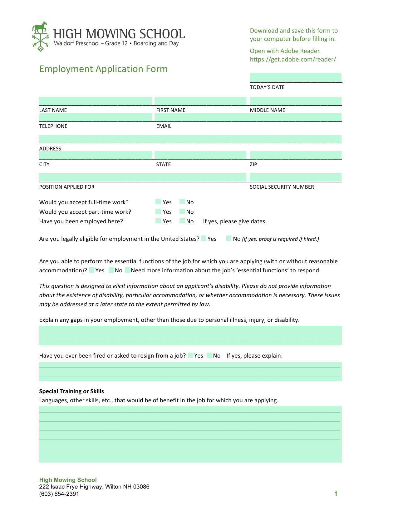 Employment Application Form screenshot