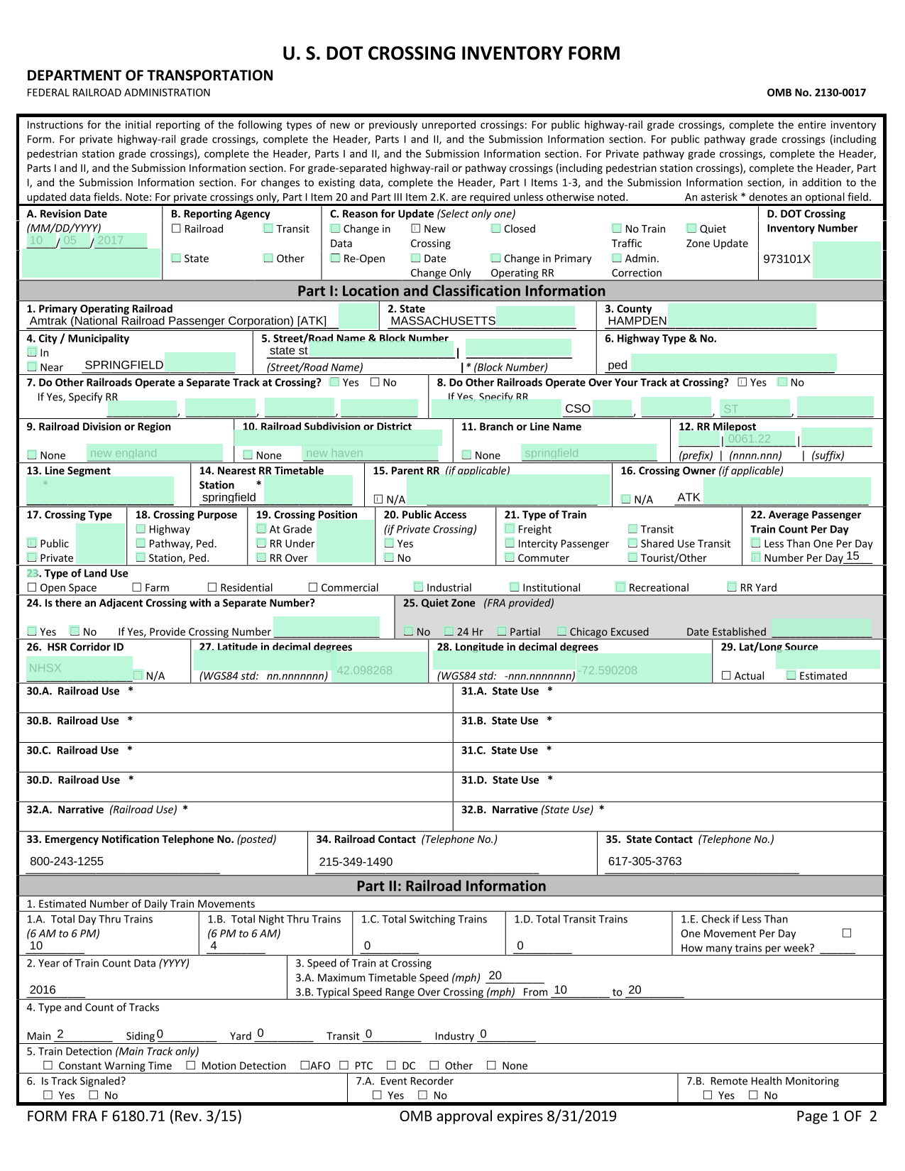 U.S. DOT Crossing Inventory Form screenshot