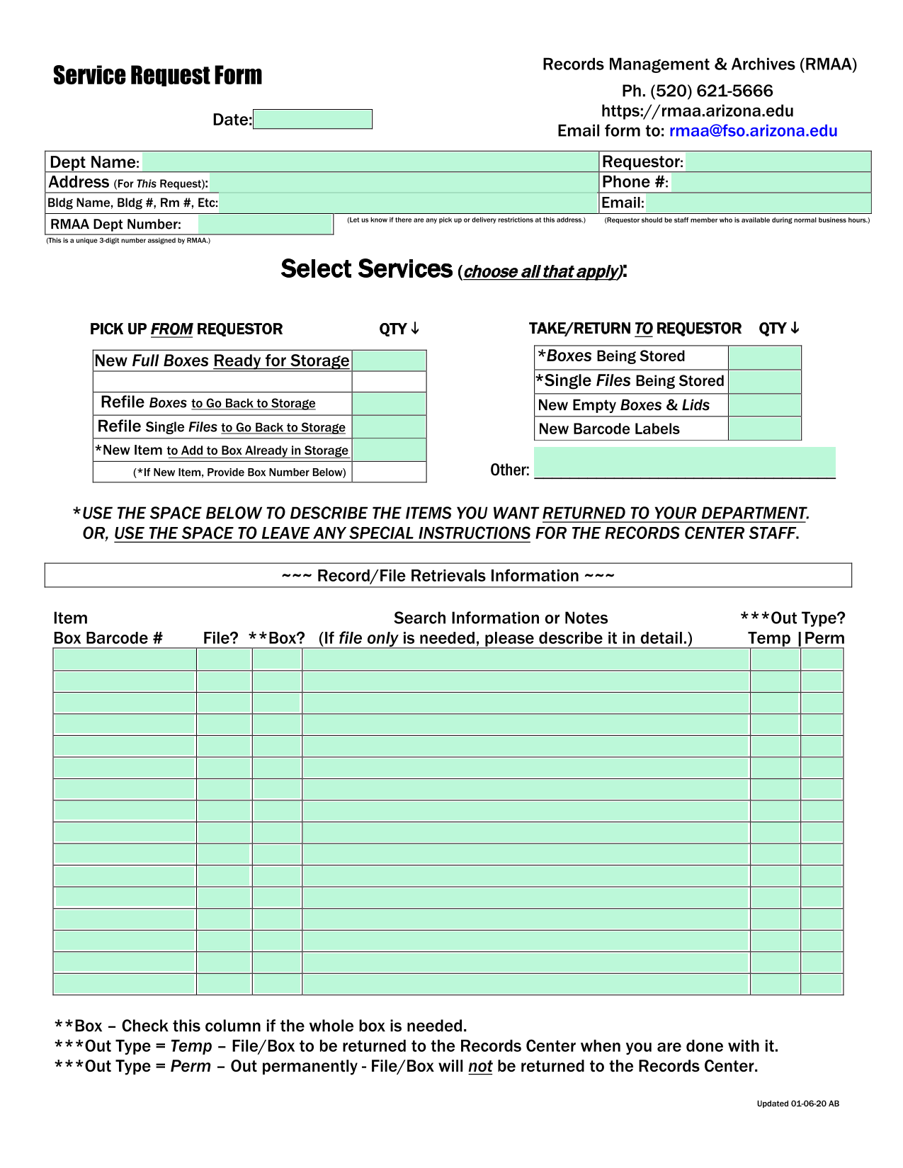Service Request Form screenshot