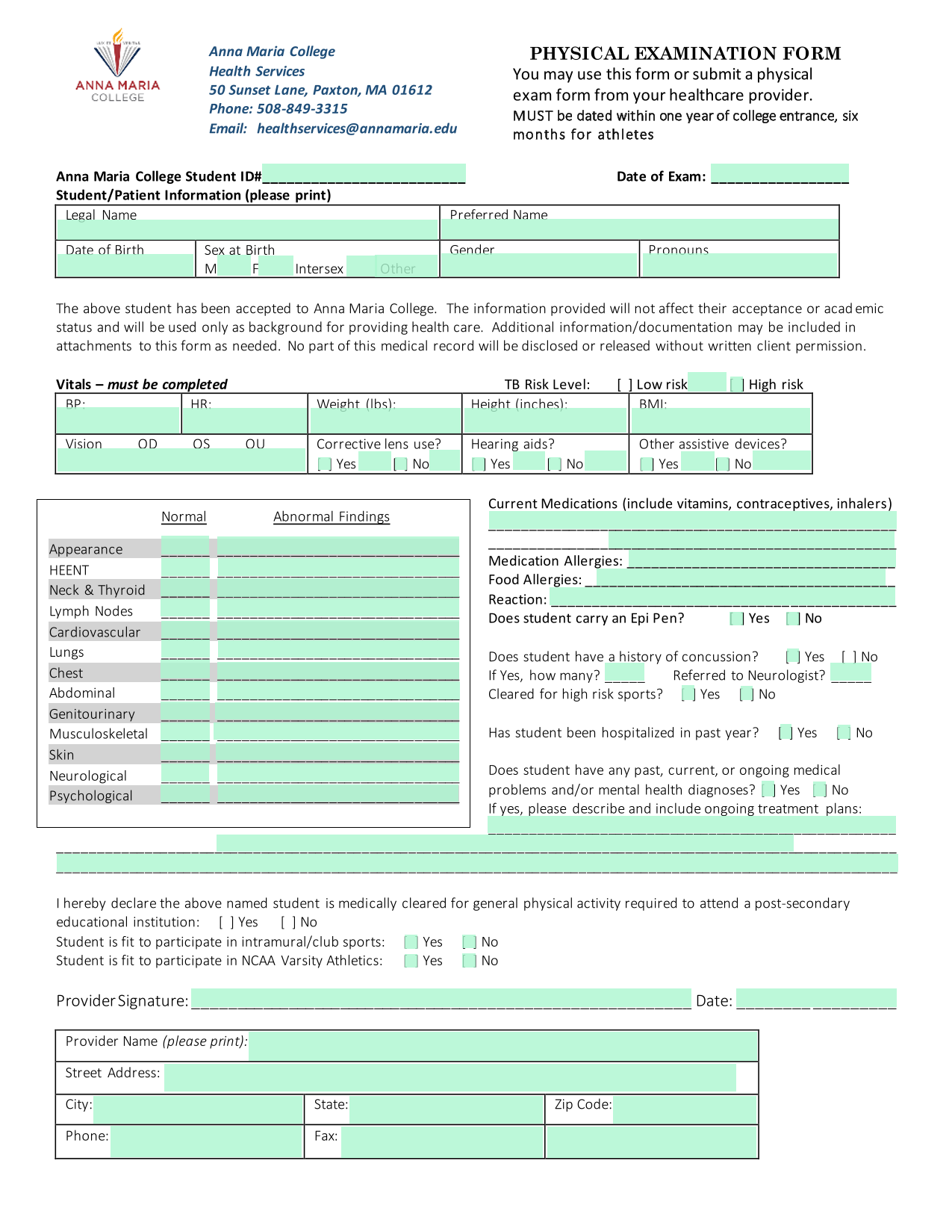 PHYSICAL EXAMINATION FORM screenshot