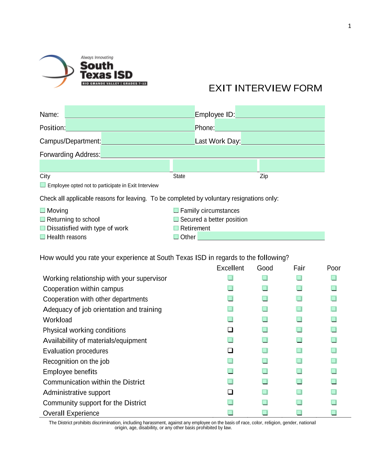 Exit Interview Form screenshot