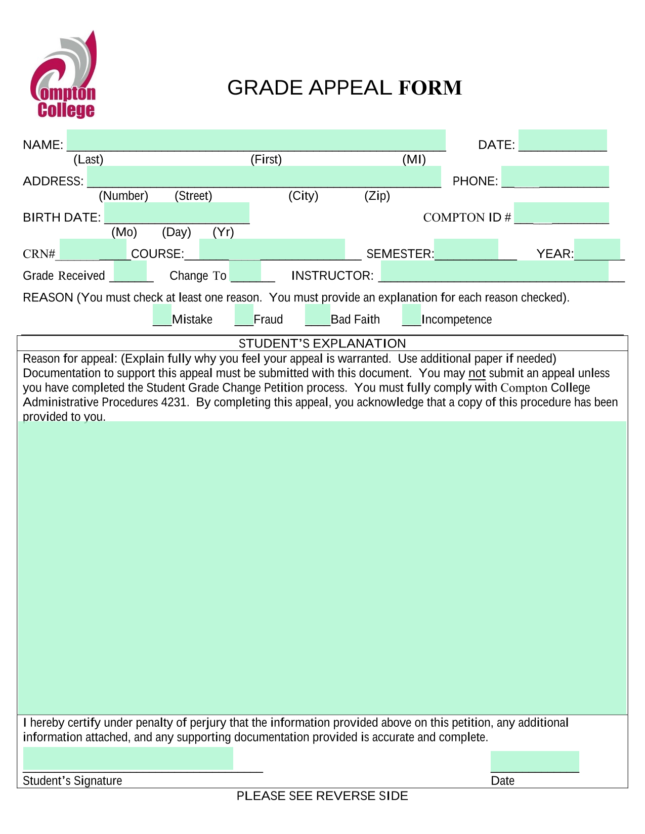 Grade Appeal Form screenshot