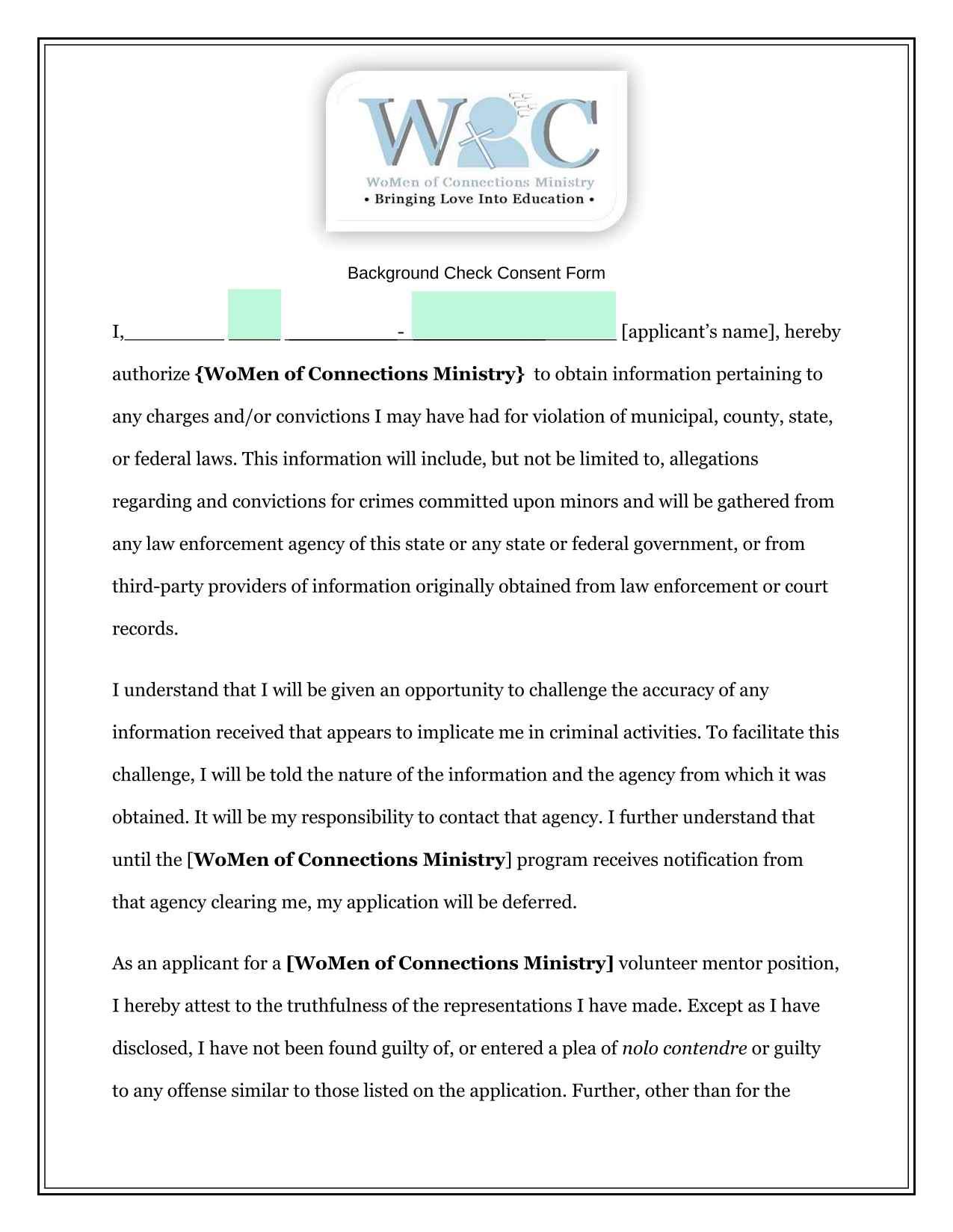 Background Check Consent Form screenshot