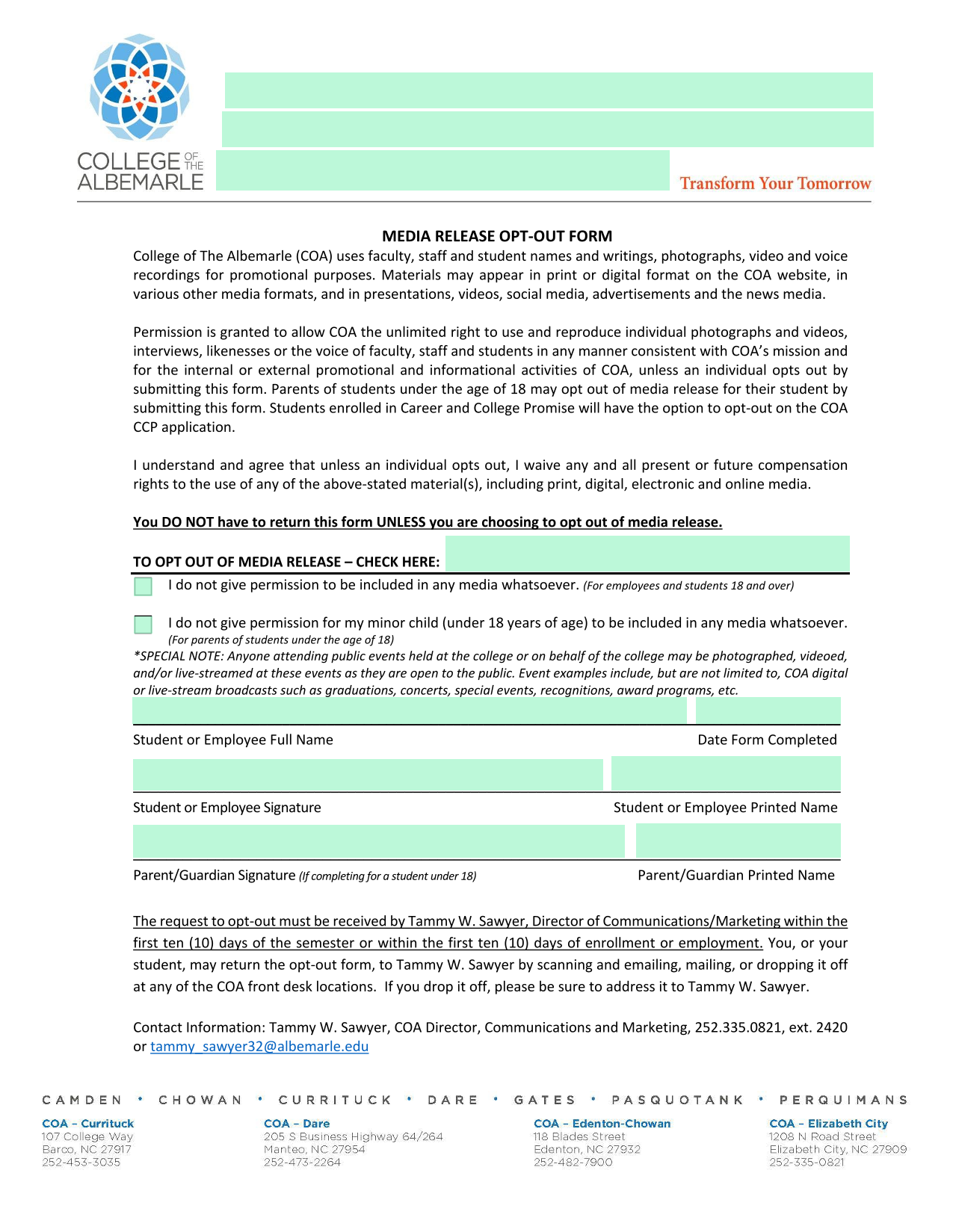 Media Release Opt Out Form screenshot