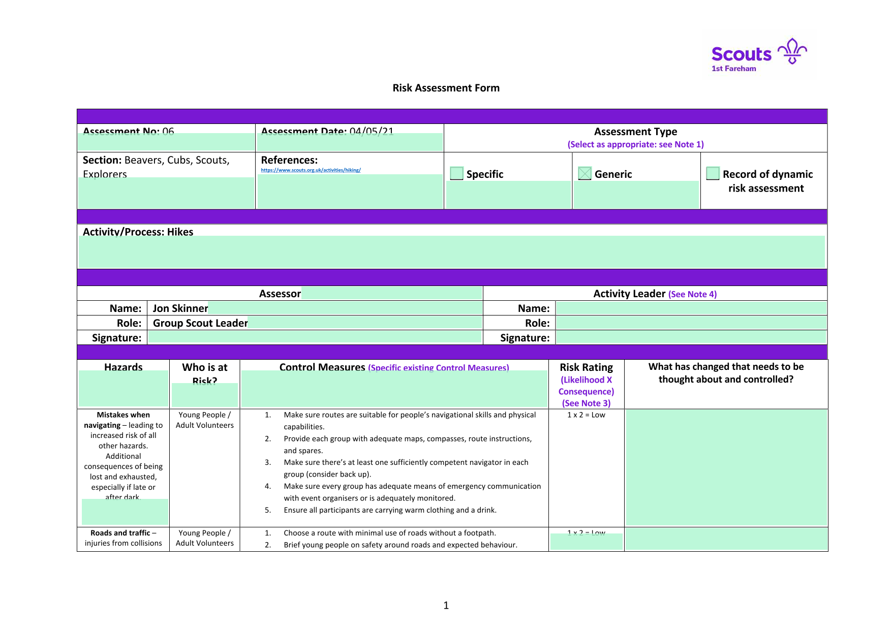 Risk Assessment Form screenshot