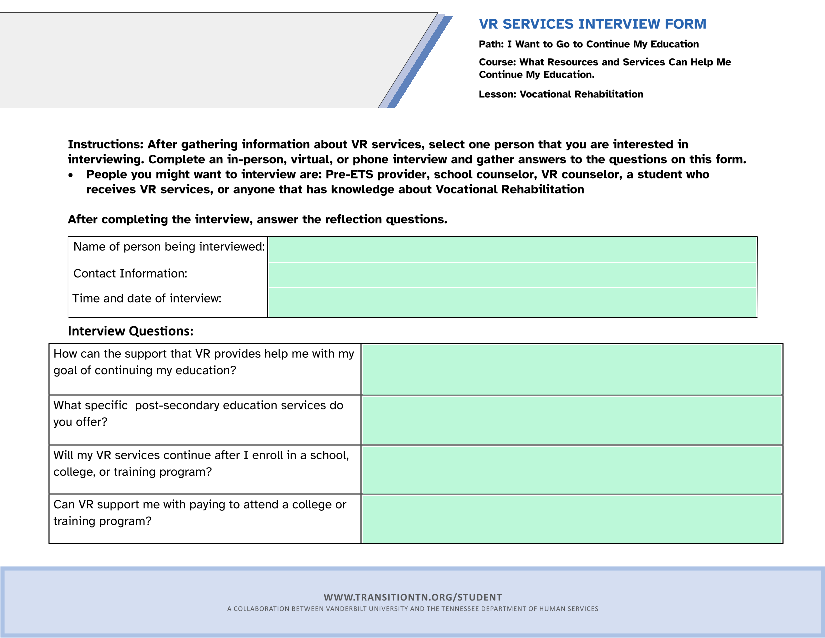 VR Services Interview Form screenshot