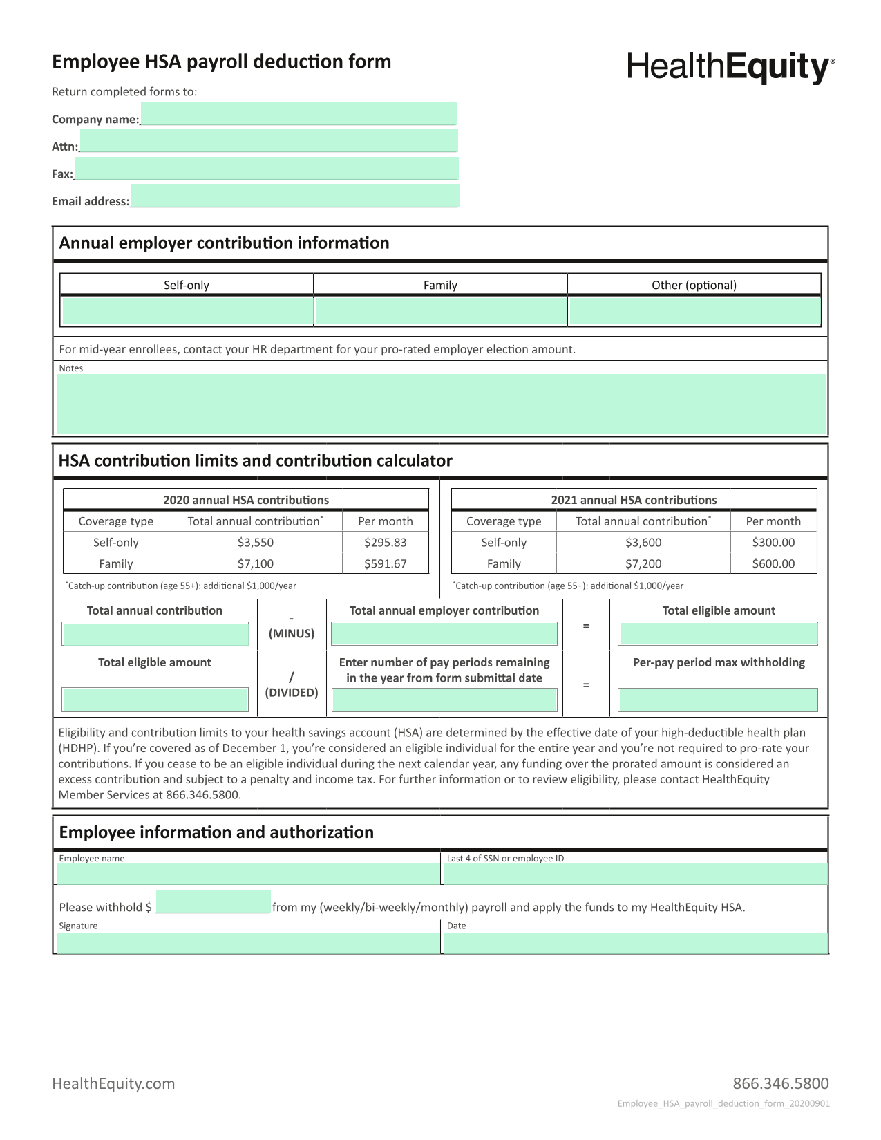 Employee HSA Payroll Deduction Form screenshot