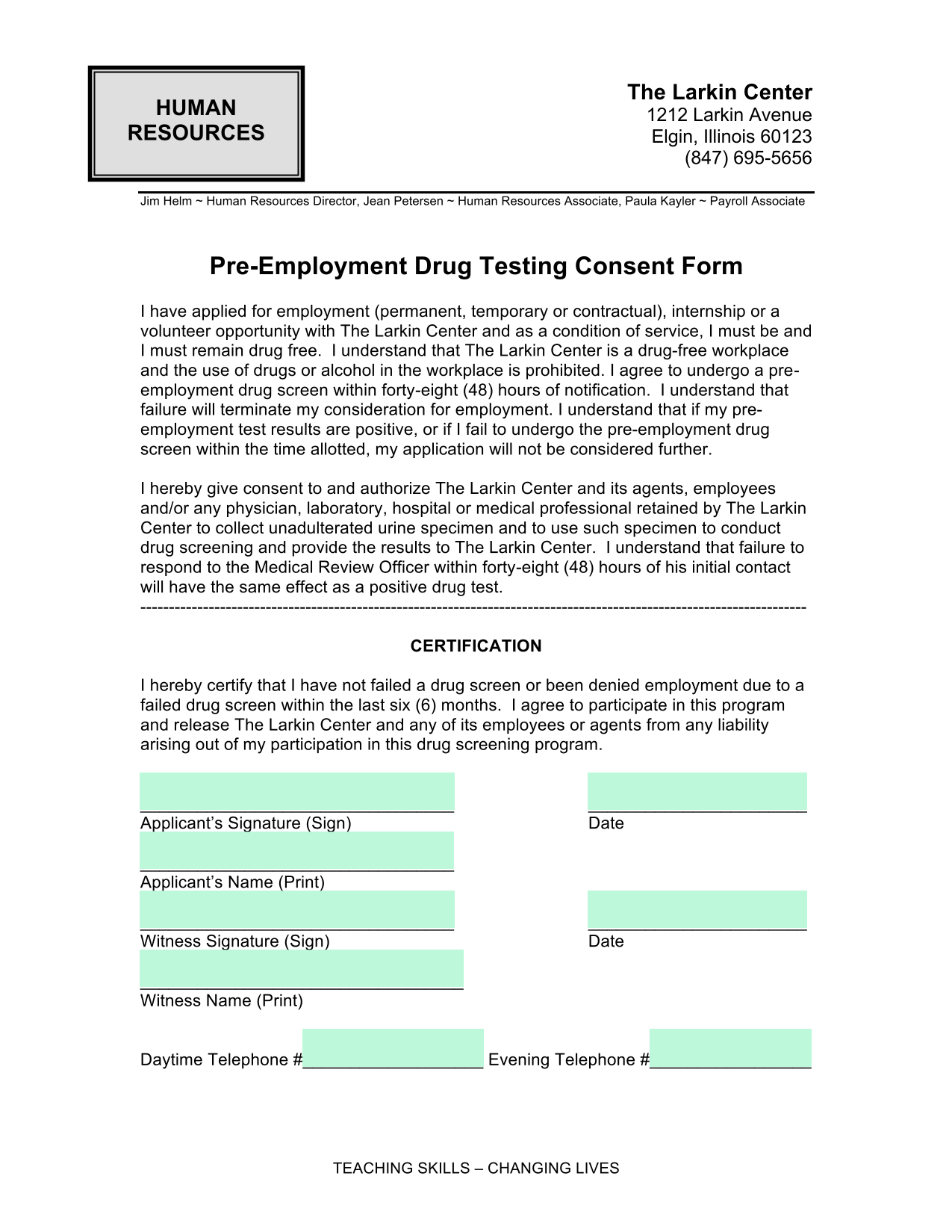 Pre Employment Drug Testing Consent Form screenshot