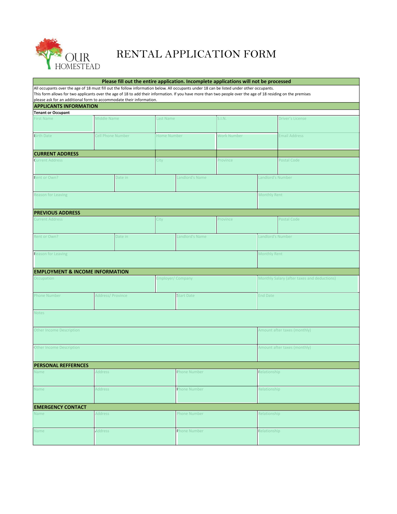 RENTAL APPLICATION FORM screenshot