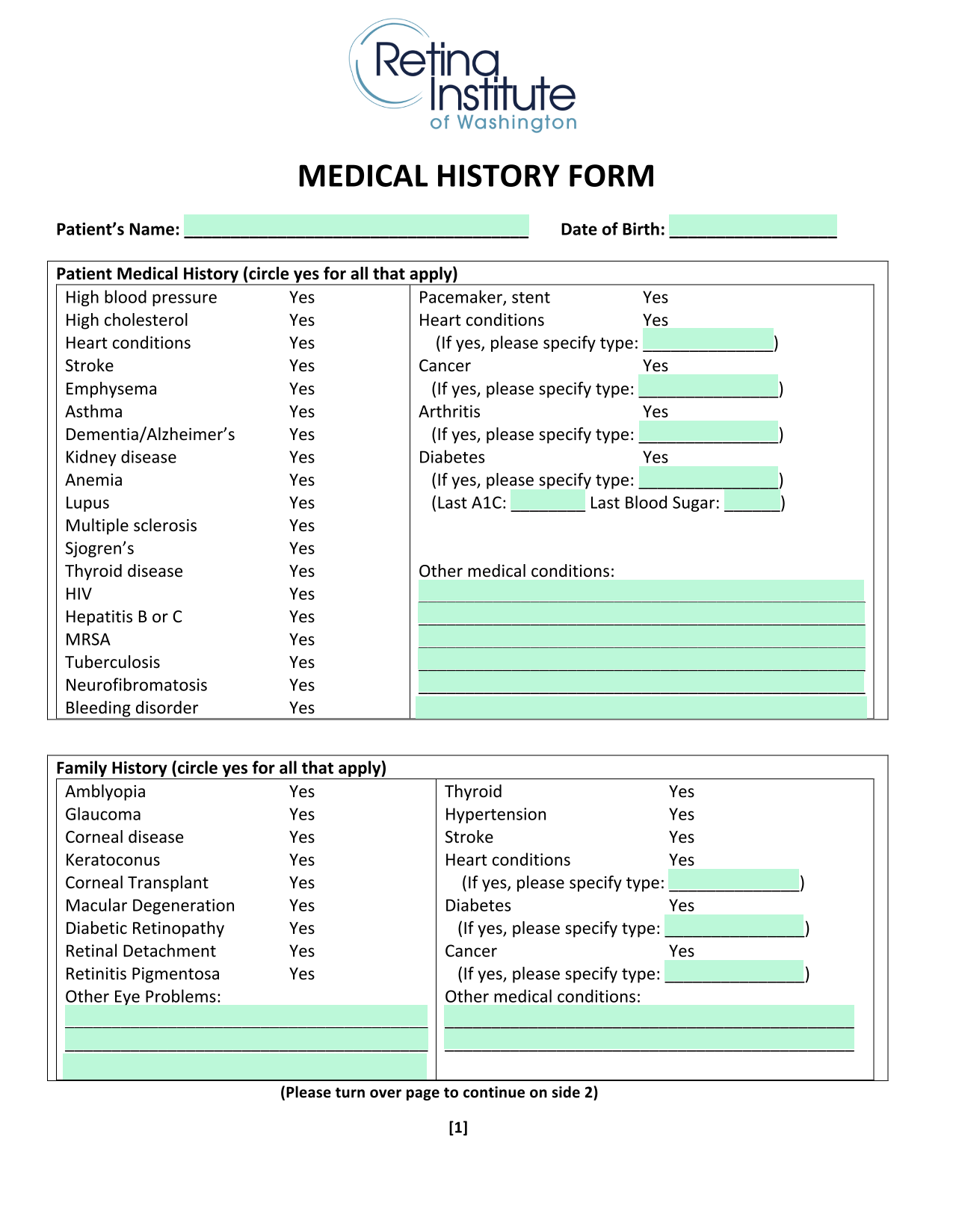MEDICAL HISTORY FORM screenshot