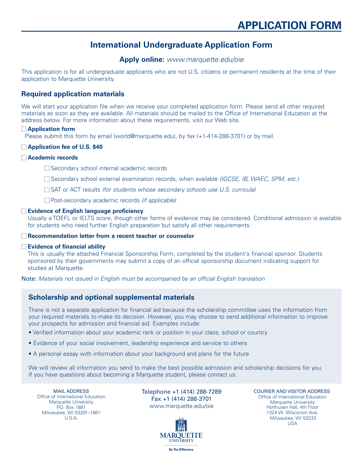 International Undergraduate Application Form screenshot